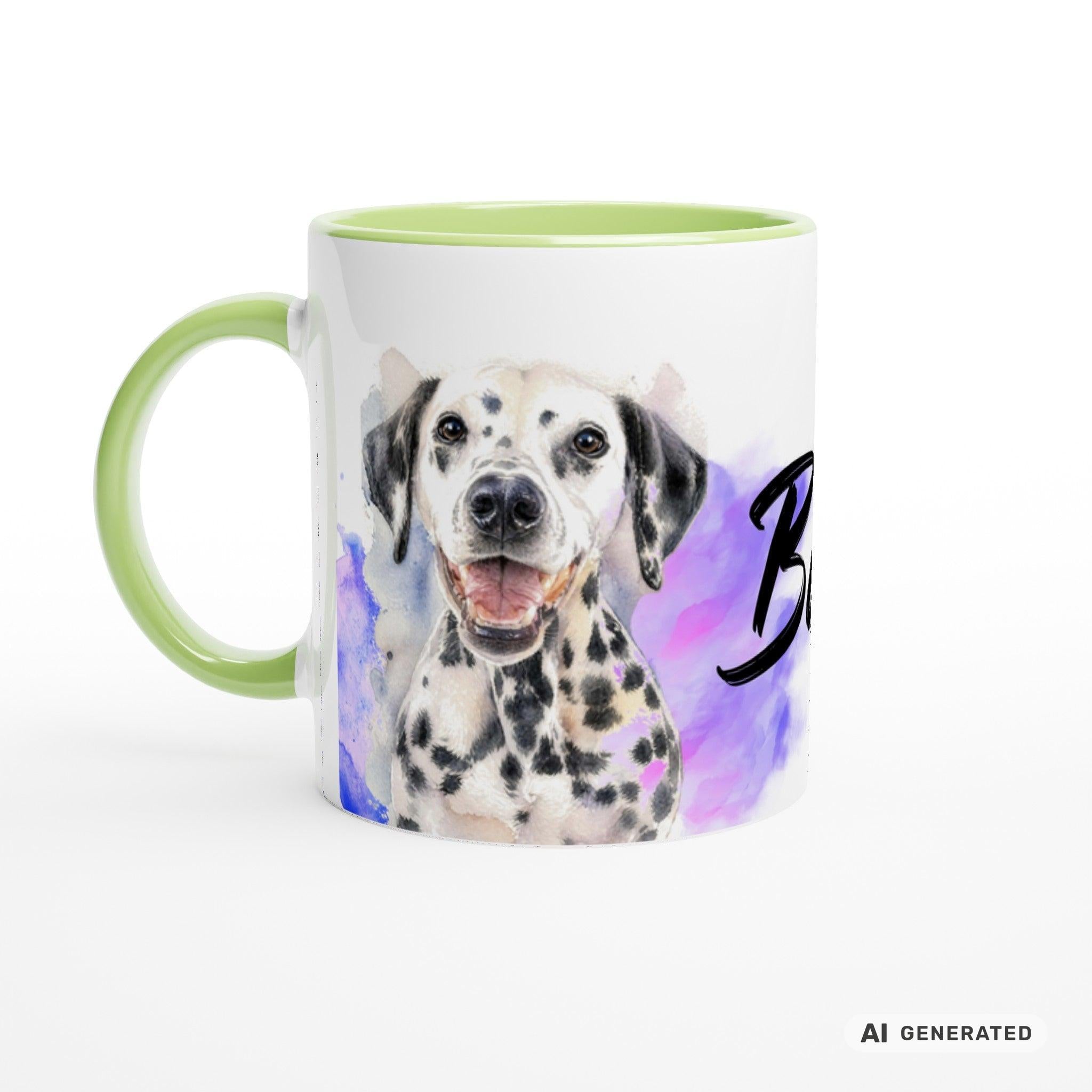Personalisierte Dalmatiner Tasse 11oz – Aquarell Hundemotiv mit Namen | Geschenk für Dalmatiner Besitzer | Keramiktasse mit Farbwahl - Sunbeamstore