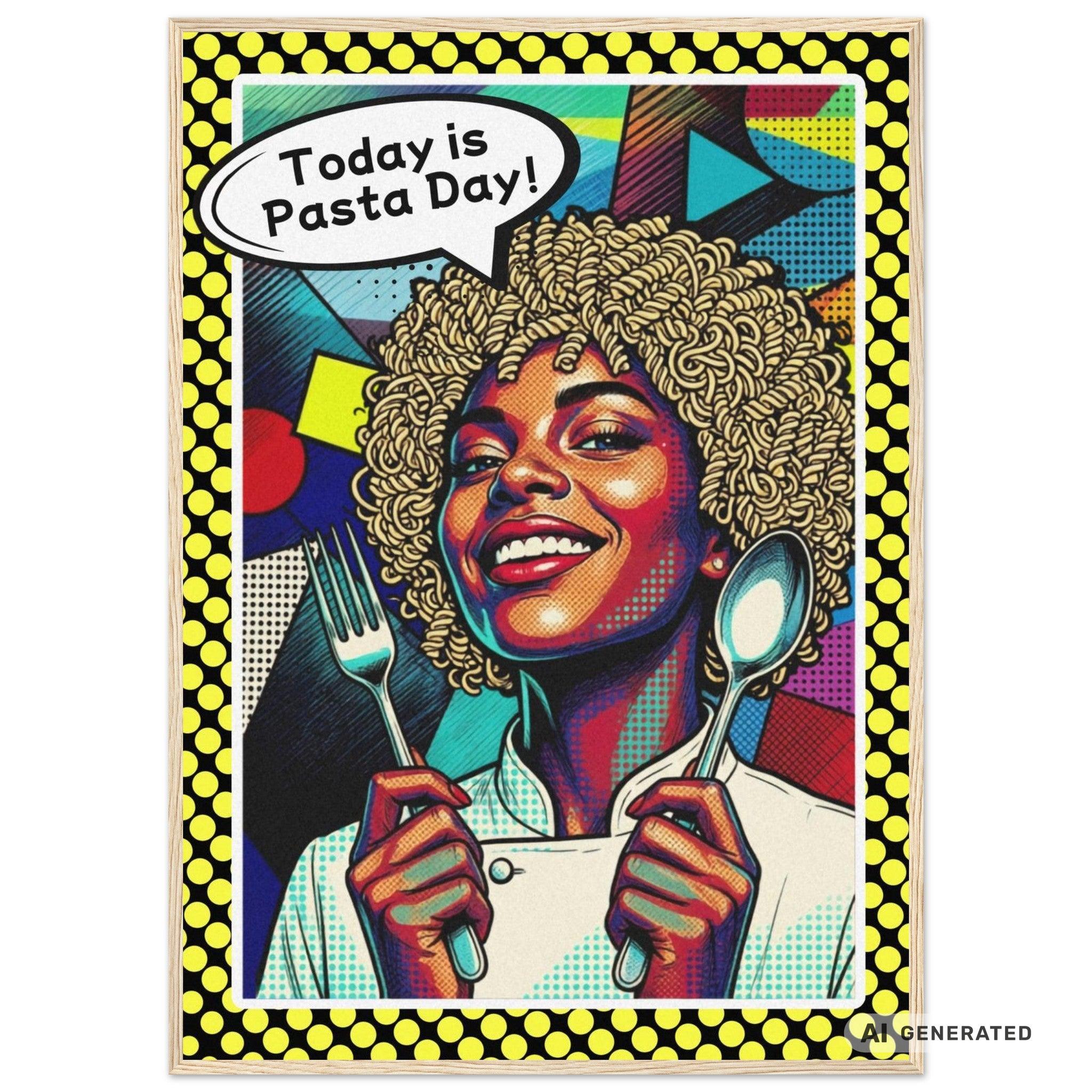 Today Is Pasta Day! – Italian Pop Art | Funny Kitchen Wall Art | Retro Comic Food Print | The Pasta Series No. 5 | Premium Semi-Glossy Paper Wooden Framed Poster - Sunbeamstore