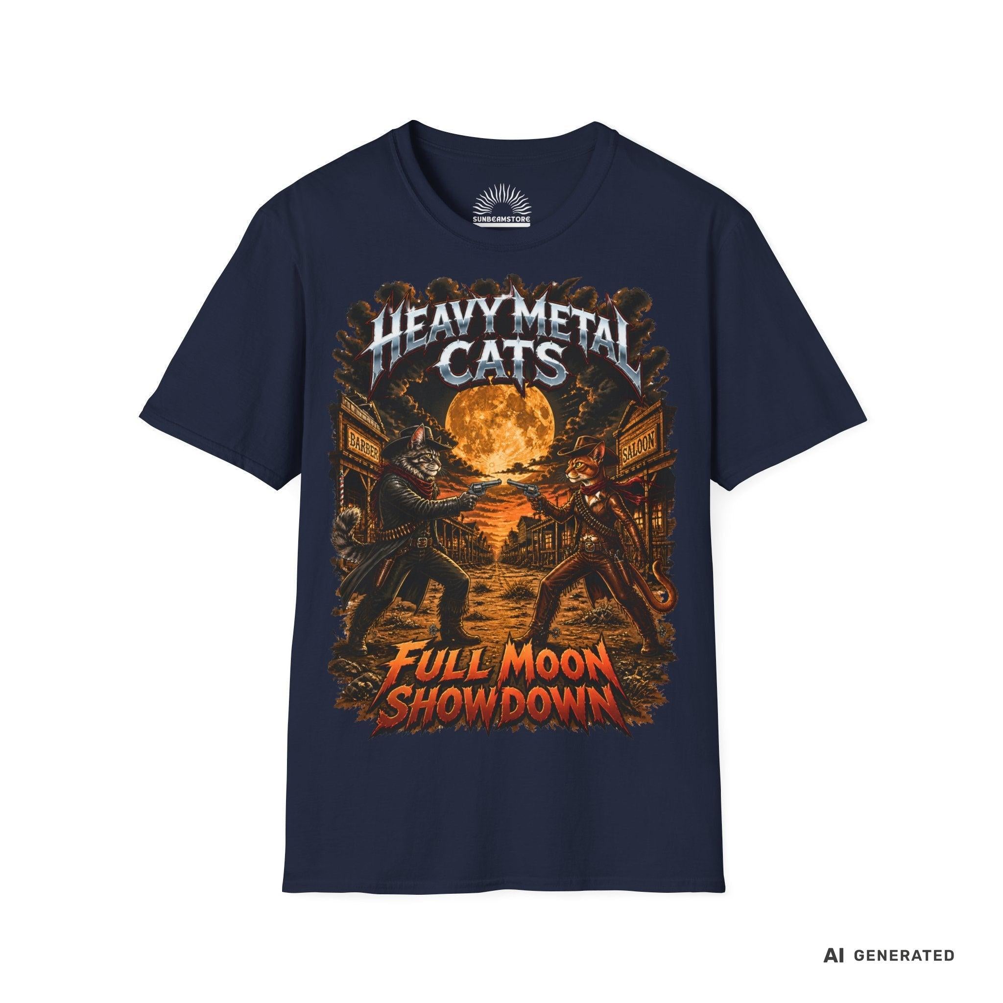 Heavy Metal Cats – Full Moon Showdown | Lustiges Katzen Metal T-Shirt | Cowboy Katzen Shirt | Gildan 64000 Unisex - Sunbeamstore
