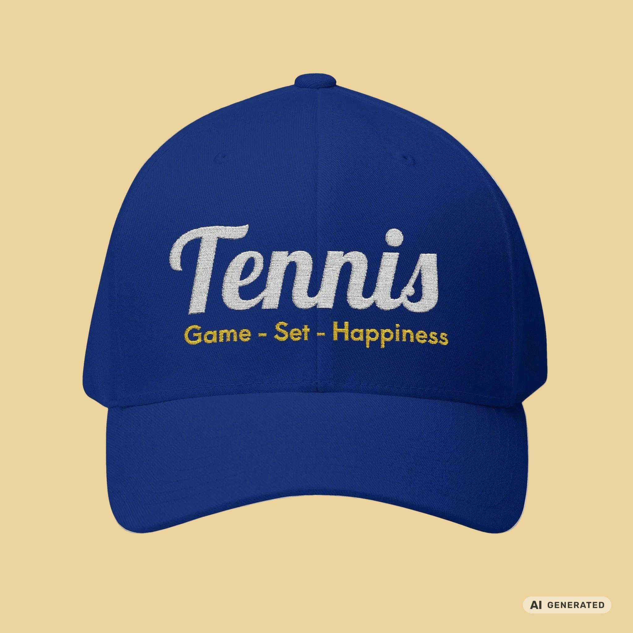 Bestickte Tennis Cap „Game – Set – Happiness“ – Personalisierbare Flexfit Baseball Cap für Tennisfans - Sunbeamstore