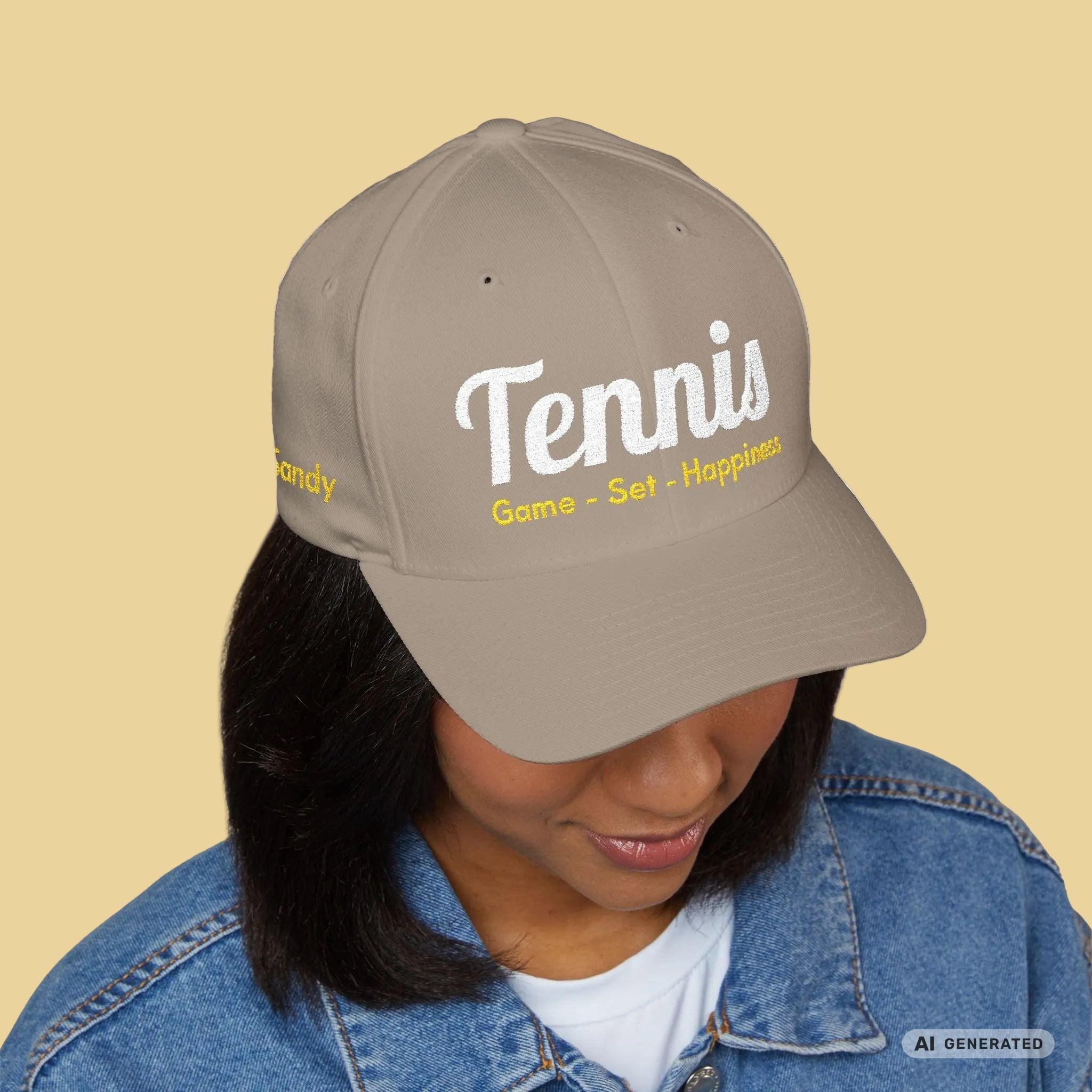 Bestickte Tennis Cap „Game – Set – Happiness“ – Personalisierbare Flexfit Baseball Cap für Tennisfans - Sunbeamstore