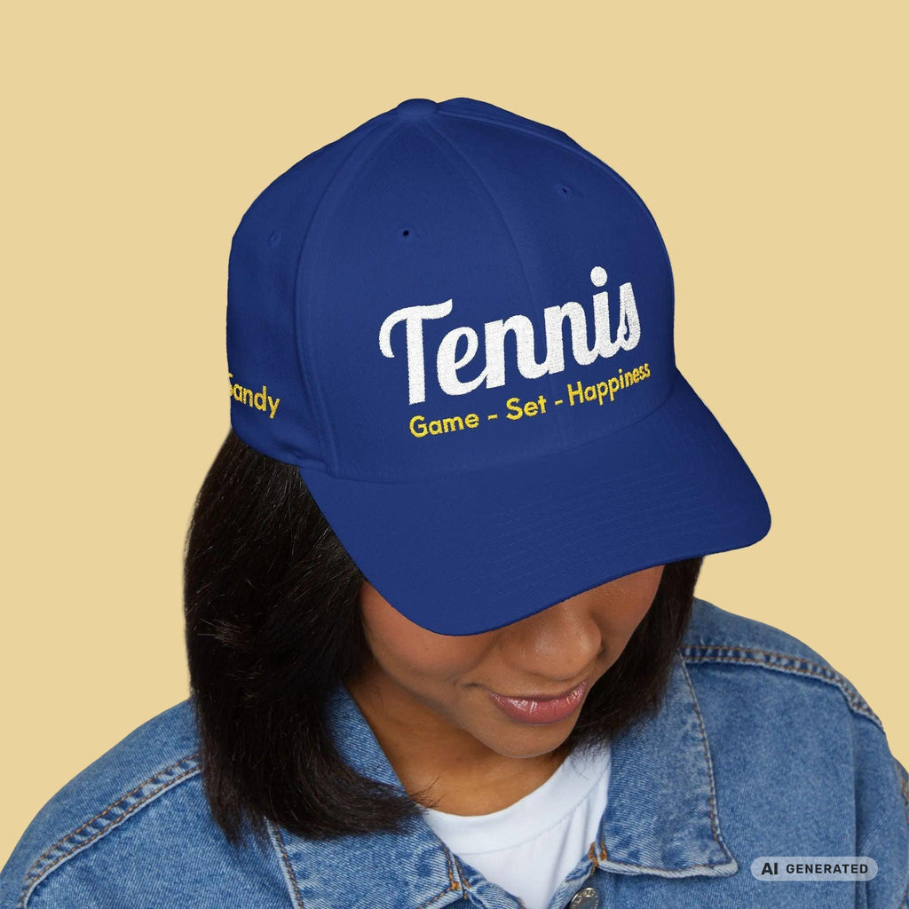 Bestickte Tennis Cap „Game – Set – Happiness“ – Personalisierbare Flexfit Baseball Cap für Tennisfans - Sunbeamstore