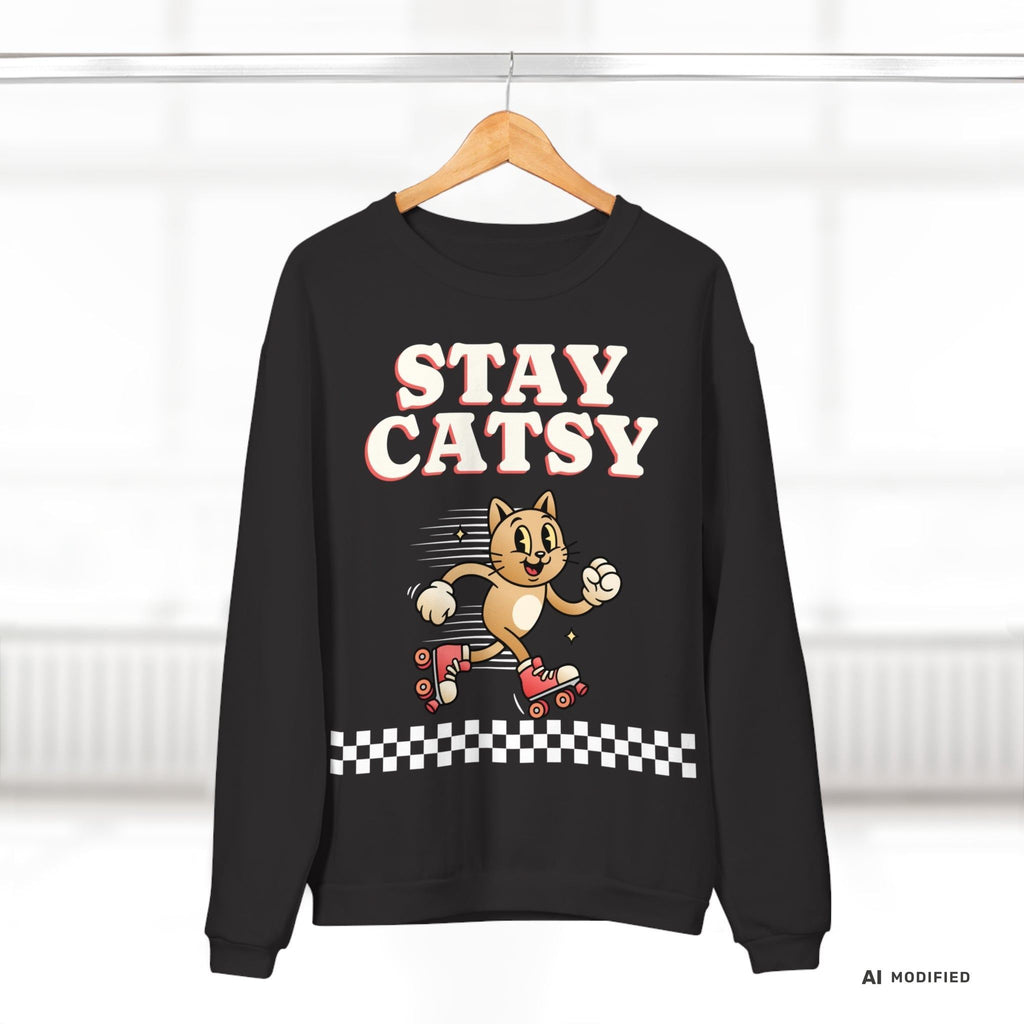 STAY CATSY Retro Sweatshirt – Rollerskating Cat Crewneck mit Checkerboard-Design - Sunbeamstore