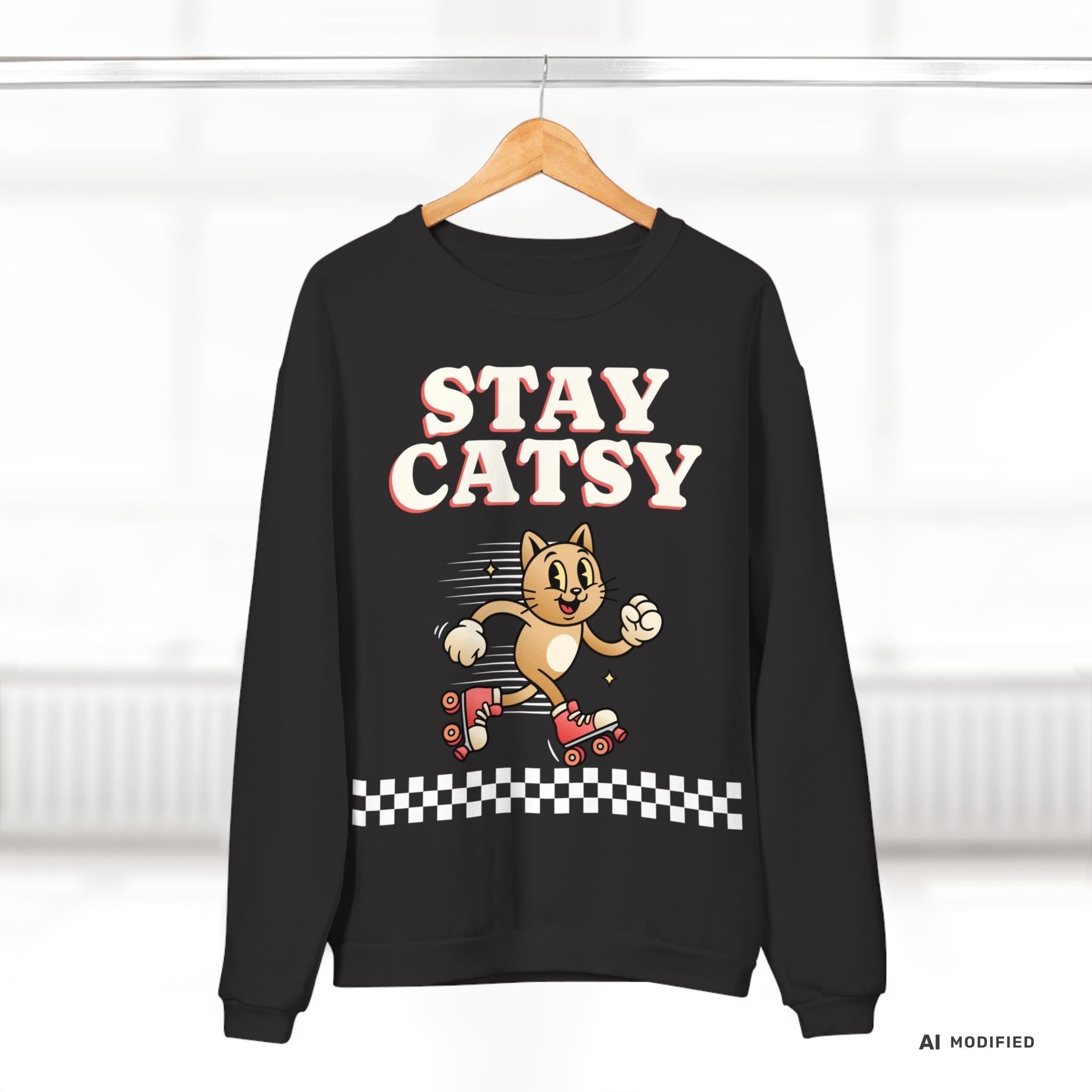 STAY CATSY Retro Sweatshirt – Rollerskating Cat Crewneck mit Checkerboard-Design - Sunbeamstore
