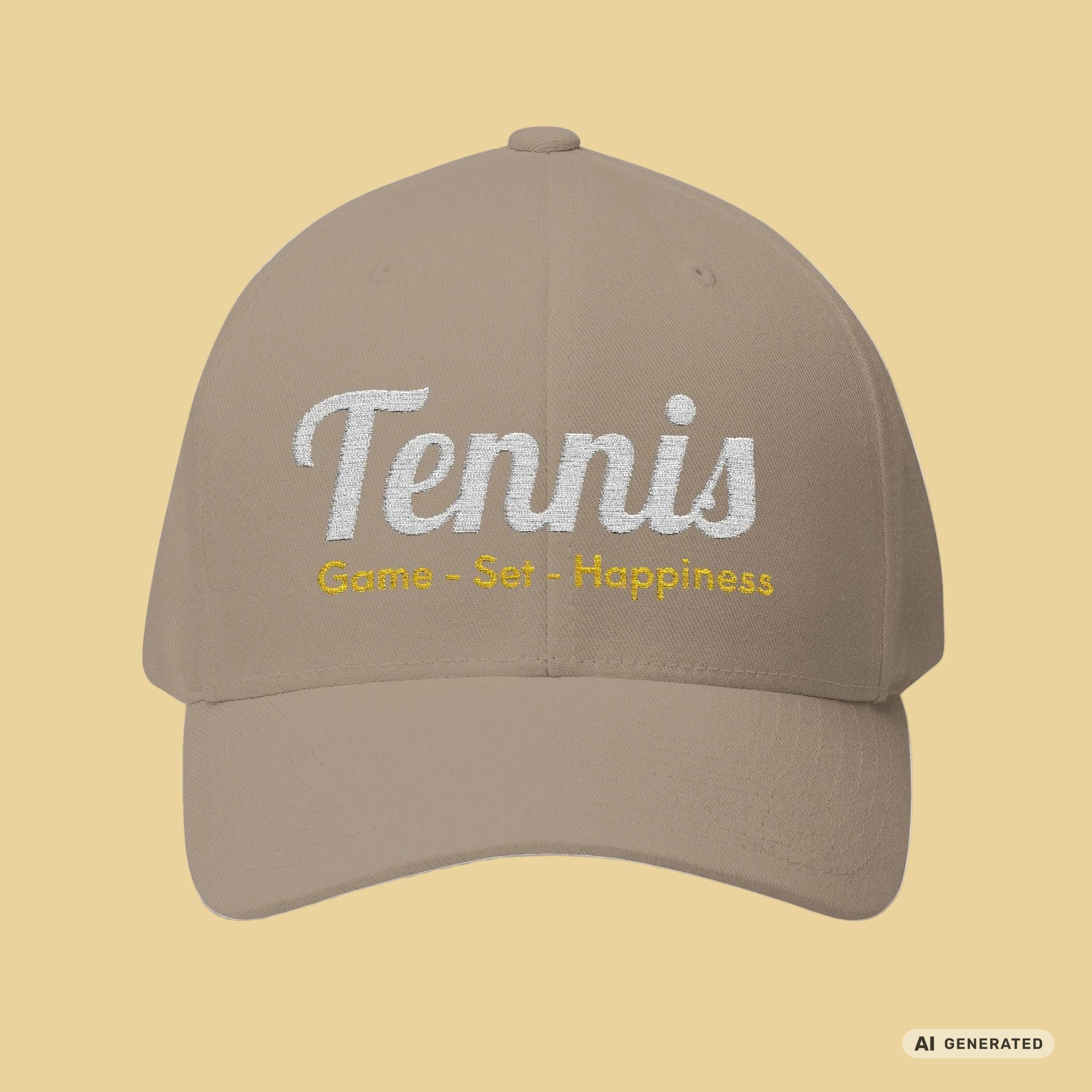 Bestickte Tennis Cap „Game – Set – Happiness“ – Personalisierbare Flexfit Baseball Cap für Tennisfans - Sunbeamstore