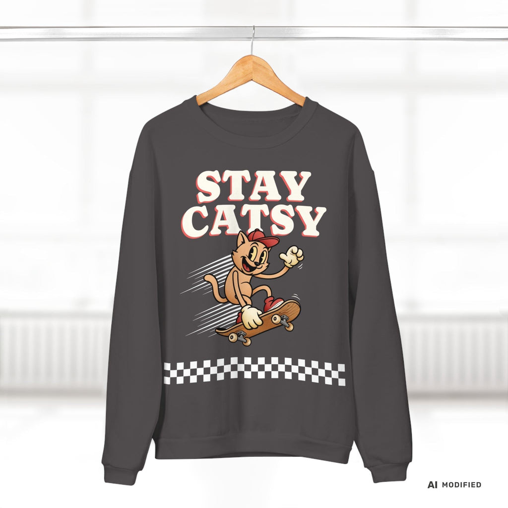 STAY CATSY Retro Sweatshirt – Skater-Katze auf Skateboard mit Checkerboard - Sunbeamstore