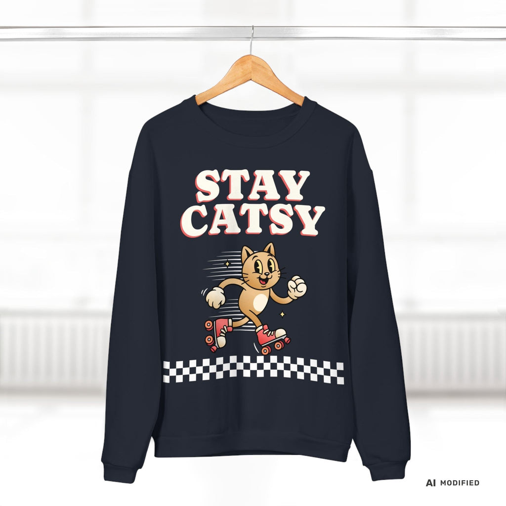STAY CATSY Retro Sweatshirt – Rollerskating Cat Crewneck mit Checkerboard-Design - Sunbeamstore