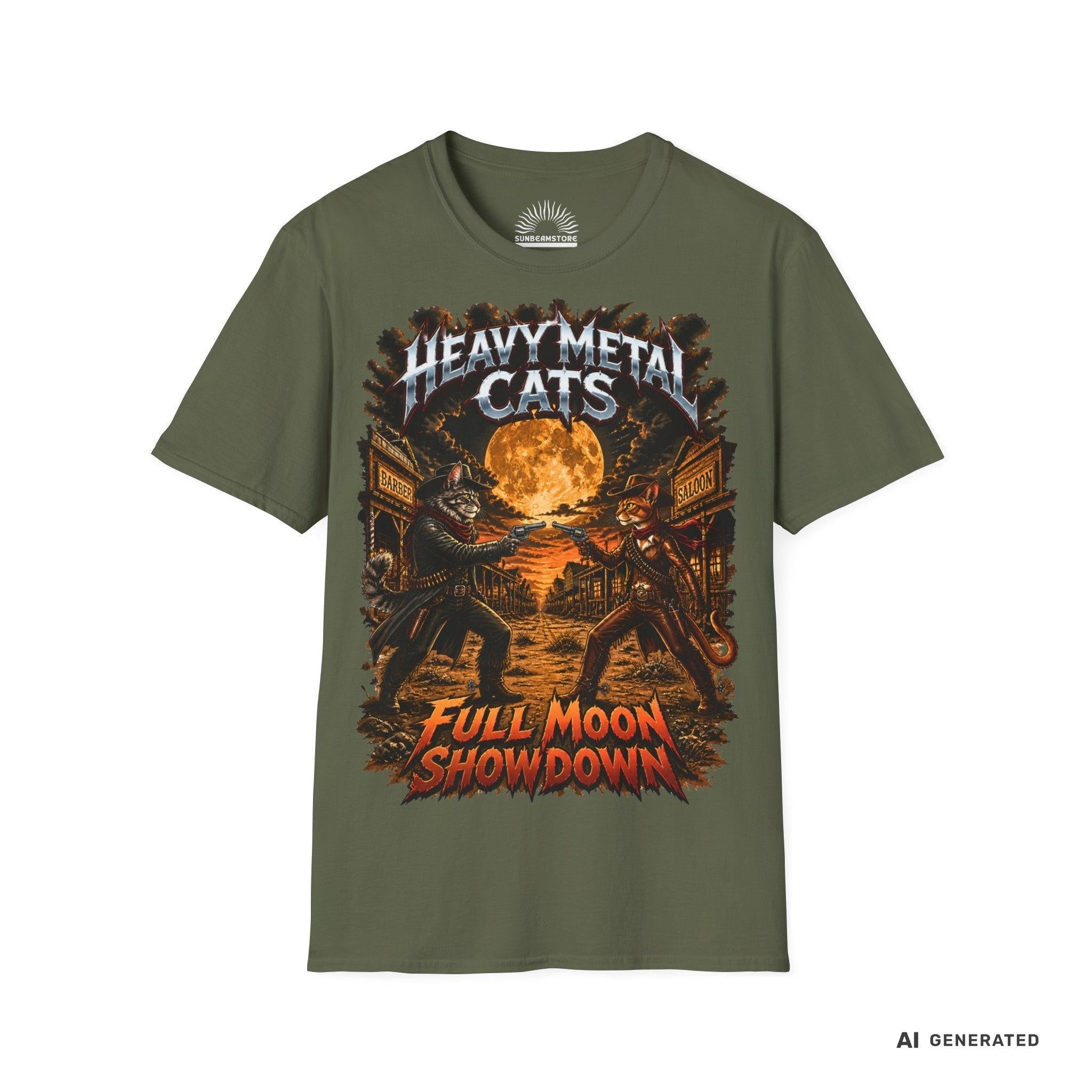 Heavy Metal Cats – Full Moon Showdown | Lustiges Katzen Metal T-Shirt | Cowboy Katzen Shirt | Gildan 64000 Unisex - Sunbeamstore