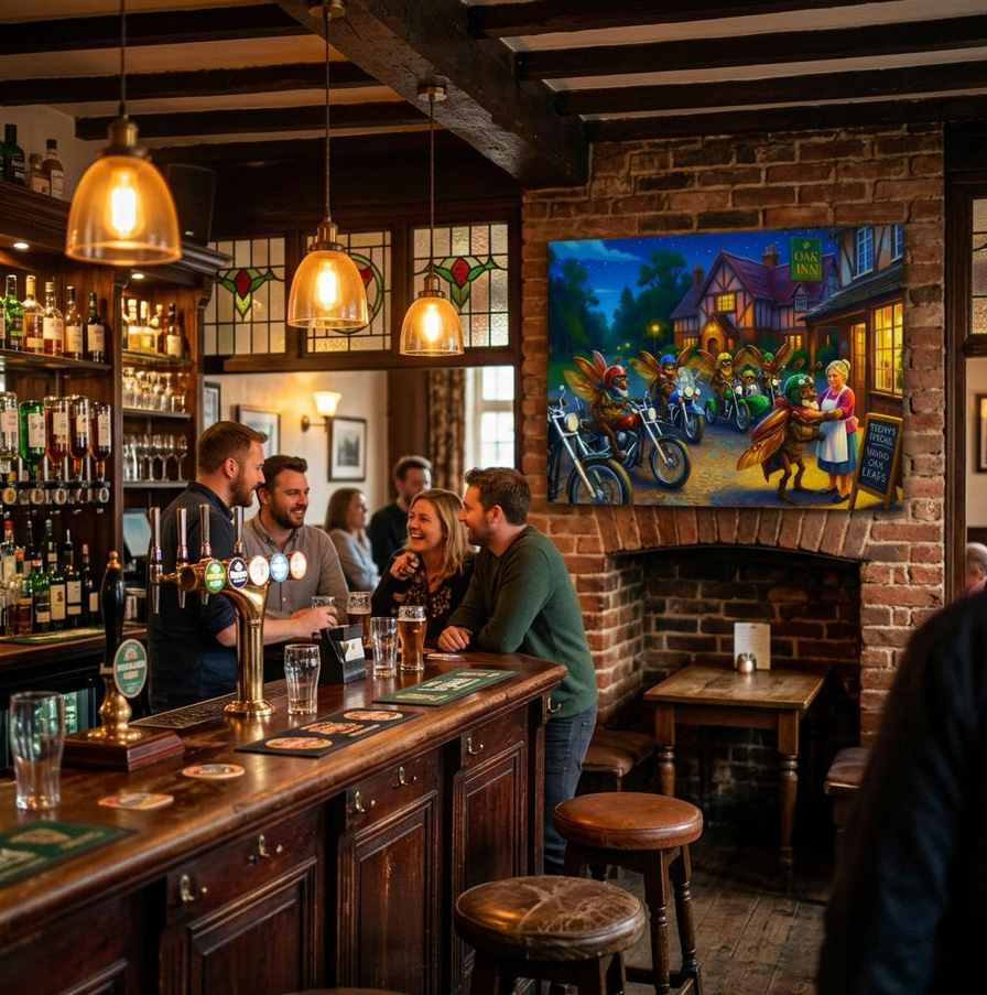 Stop at the Oak Inn     Canvas 50x70 cm / 20x28″ atmosphärisches Fantasy Biker Pub  Bild