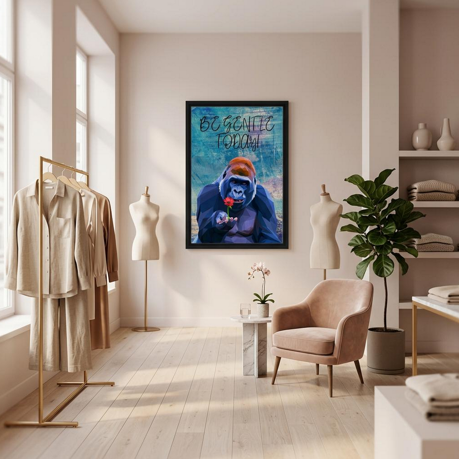 Moderne Leinwand Gorilla mit Spruch – Be Gentle Today Wandbild 40x60cm/16x24" | Kunstdruck gerahmt