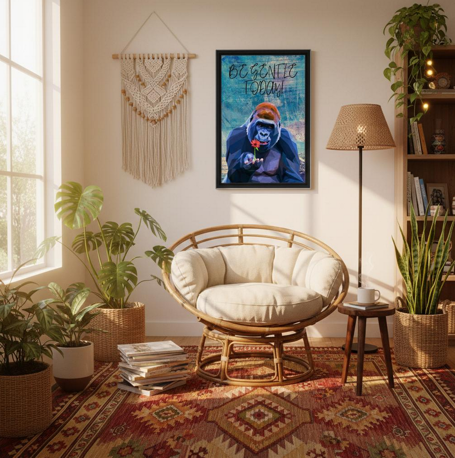 Moderne Leinwand Gorilla mit Spruch – Be Gentle Today Wandbild 40x60cm/16x24" | Kunstdruck gerahmt
