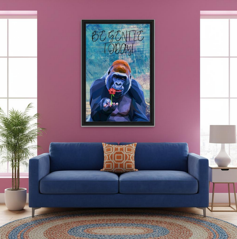 Moderne Leinwand Gorilla mit Spruch – Be Gentle Today Wandbild 40x60cm/16x24" | Kunstdruck gerahmt