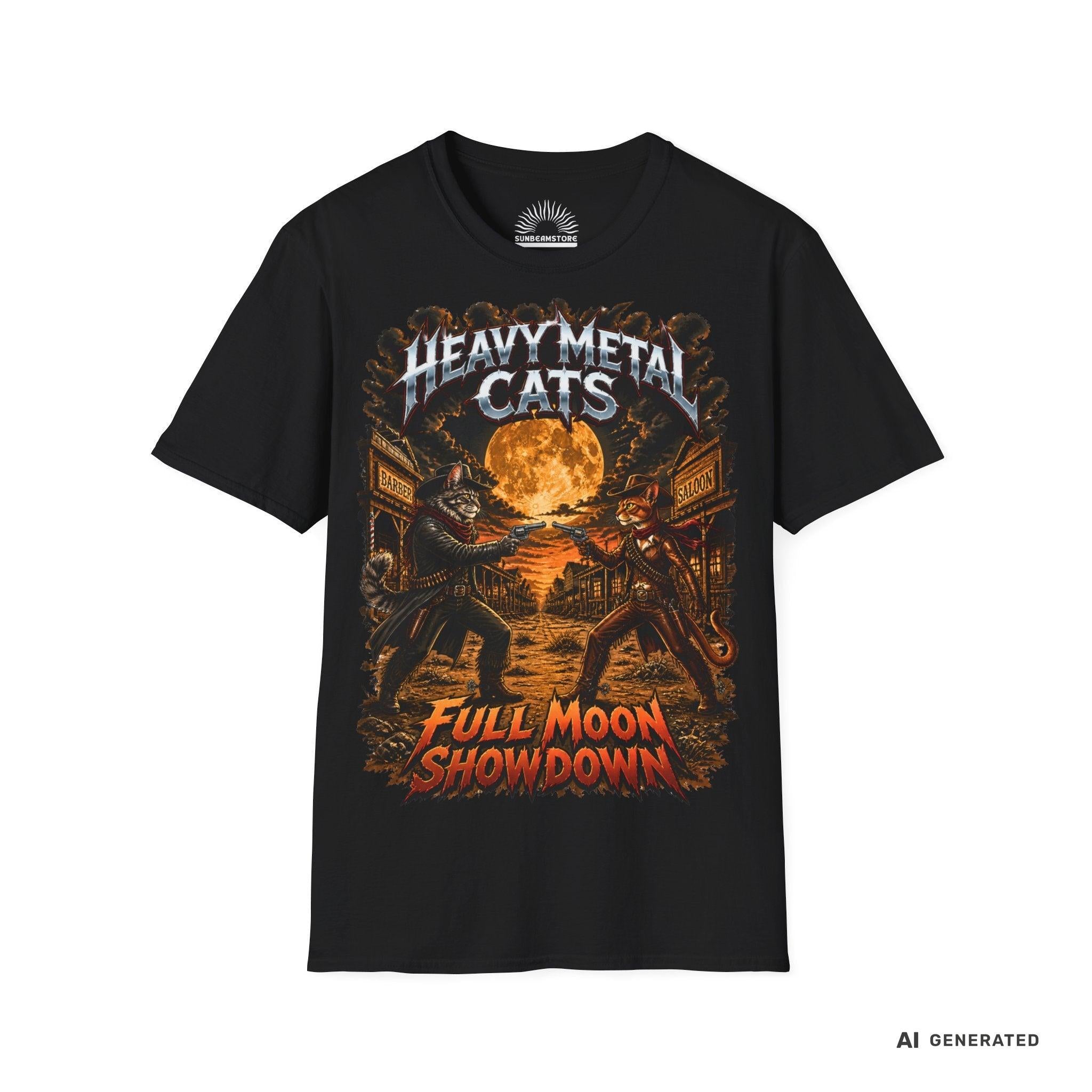 Heavy Metal Cats – Full Moon Showdown | Lustiges Katzen Metal T-Shirt | Cowboy Katzen Shirt | Gildan 64000 Unisex - Sunbeamstore