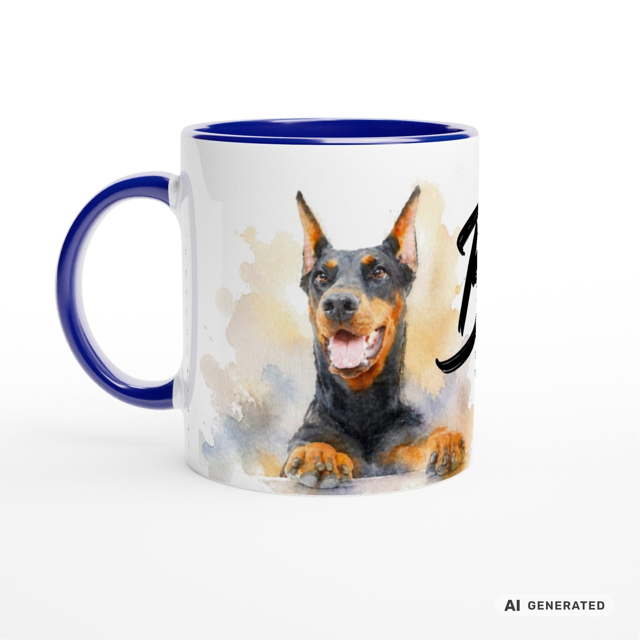 Personalisierte Dobermann Tasse 11oz – Aquarell Hundemotiv mit Namen | Geschenk für Dobermann Besitzer | Keramiktasse mit Farbwahl - Sunbeamstore