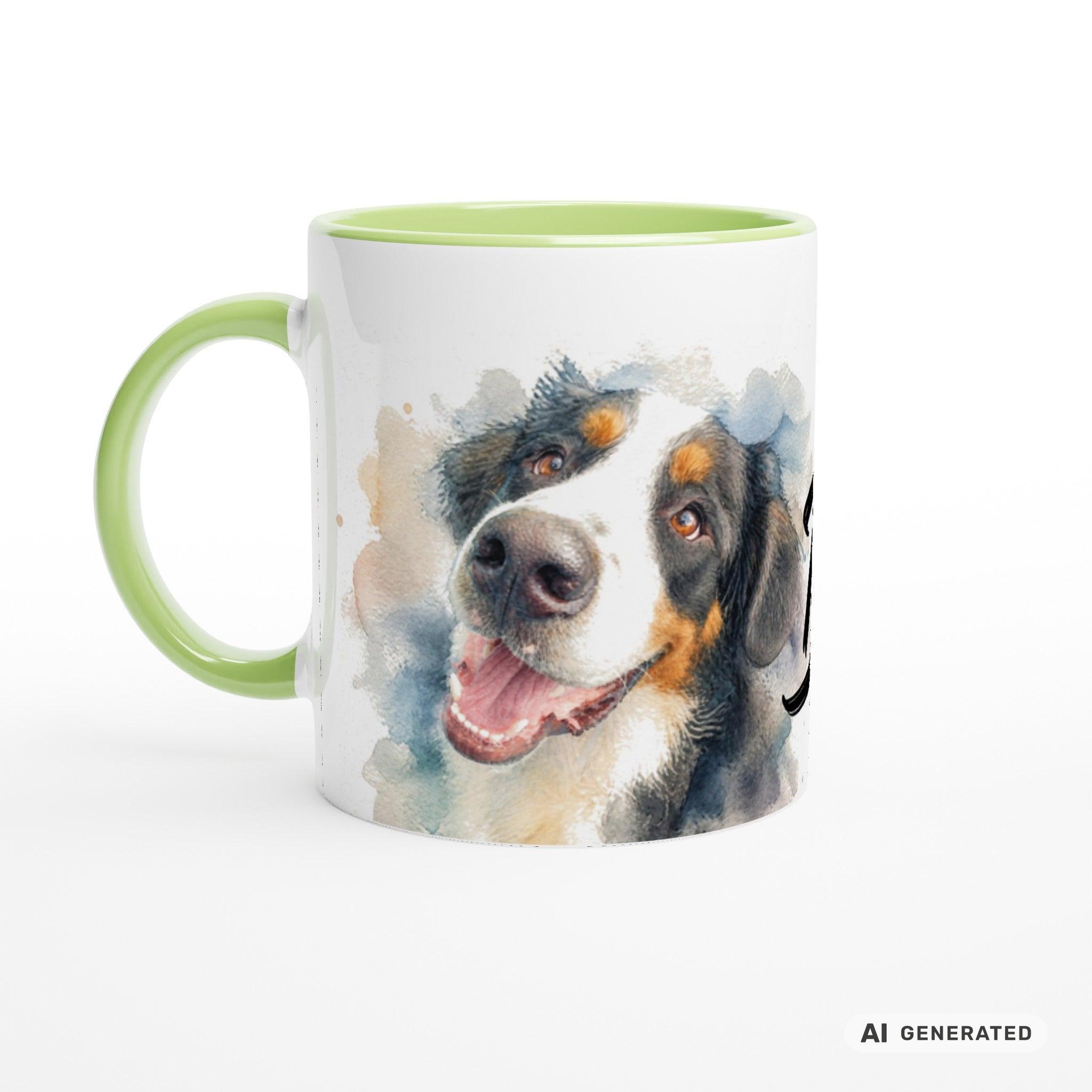 Personalisierte Berner Sennenhund Tasse 11oz – Aquarell Hundemotiv mit Namen | Geschenk für Berner Sennenhund Besitzer | Keramiktasse mit Farbwahl - Sunbeamstore