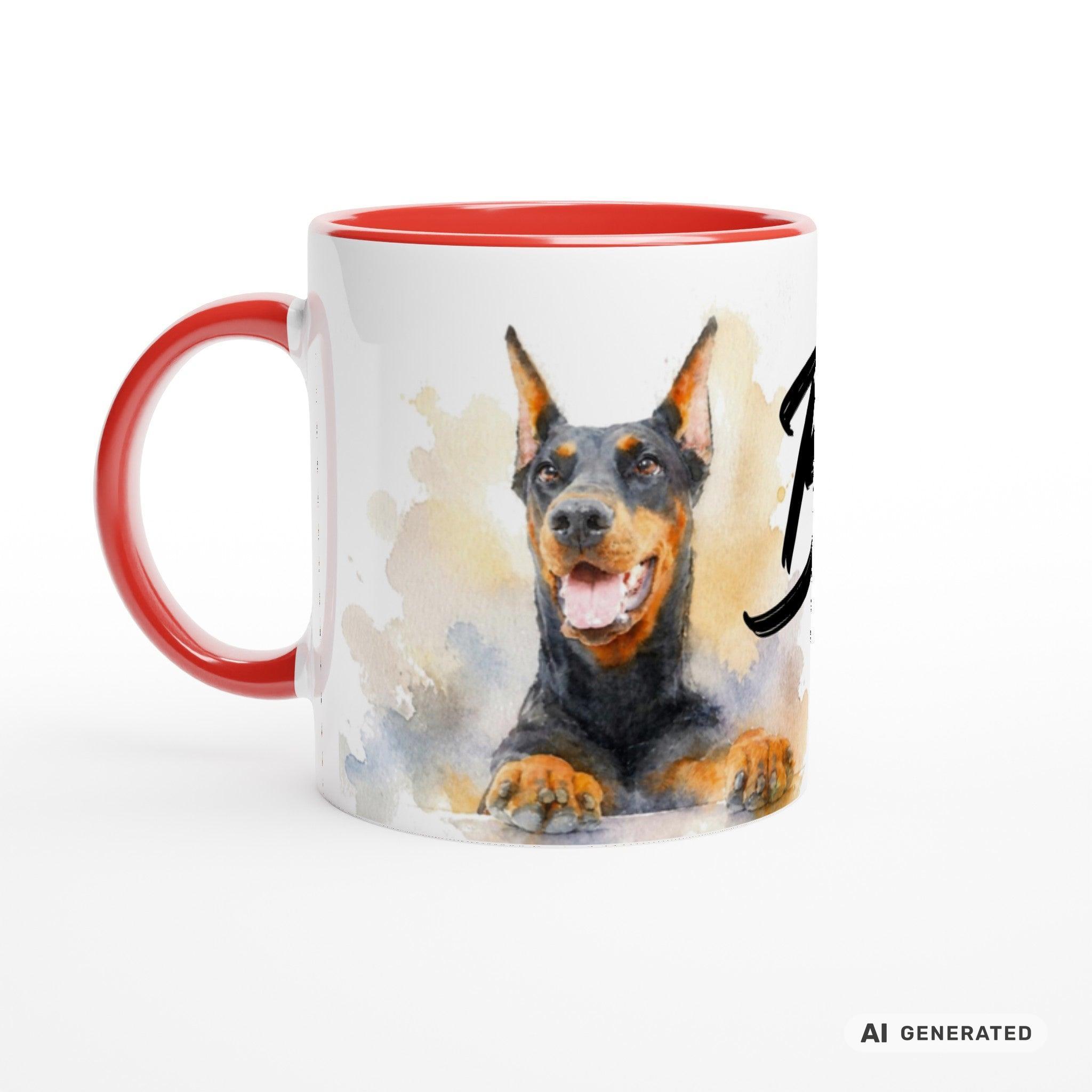 Personalisierte Dobermann Tasse 11oz – Aquarell Hundemotiv mit Namen | Geschenk für Dobermann Besitzer | Keramiktasse mit Farbwahl - Sunbeamstore