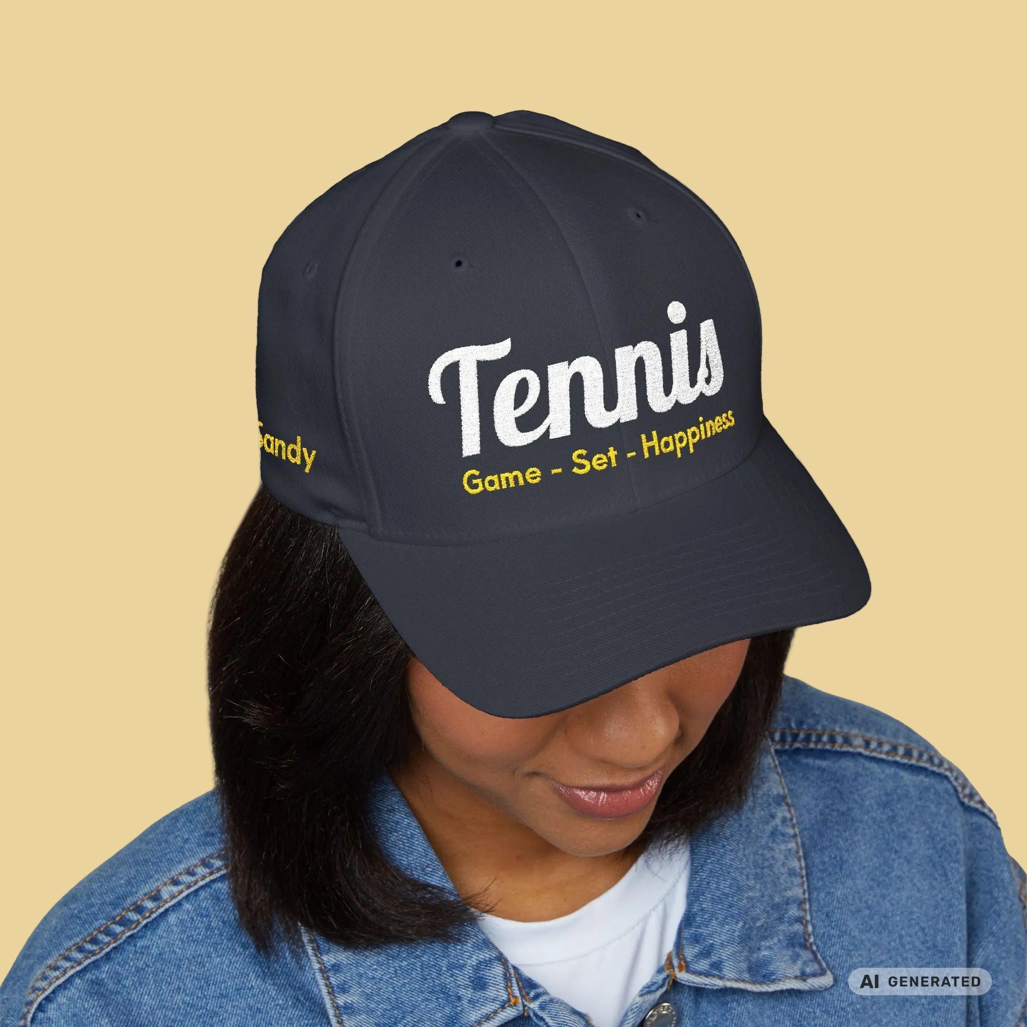 Bestickte Tennis Cap „Game – Set – Happiness“ – Personalisierbare Flexfit Baseball Cap für Tennisfans - Sunbeamstore