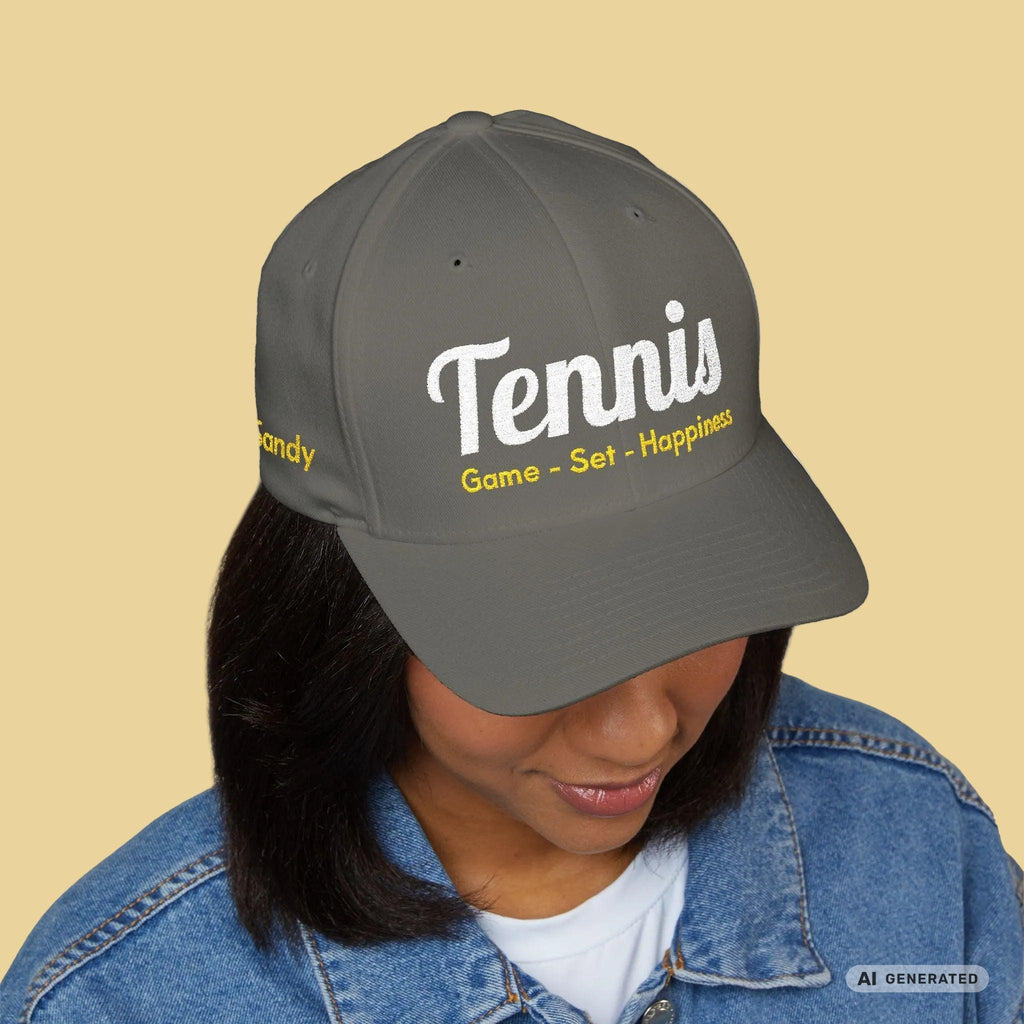 Bestickte Tennis Cap „Game – Set – Happiness“ – Personalisierbare Flexfit Baseball Cap für Tennisfans - Sunbeamstore