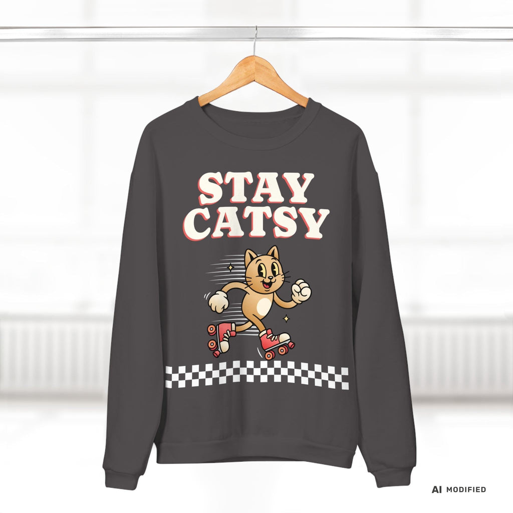STAY CATSY Retro Sweatshirt – Rollerskating Cat Crewneck mit Checkerboard-Design - Sunbeamstore