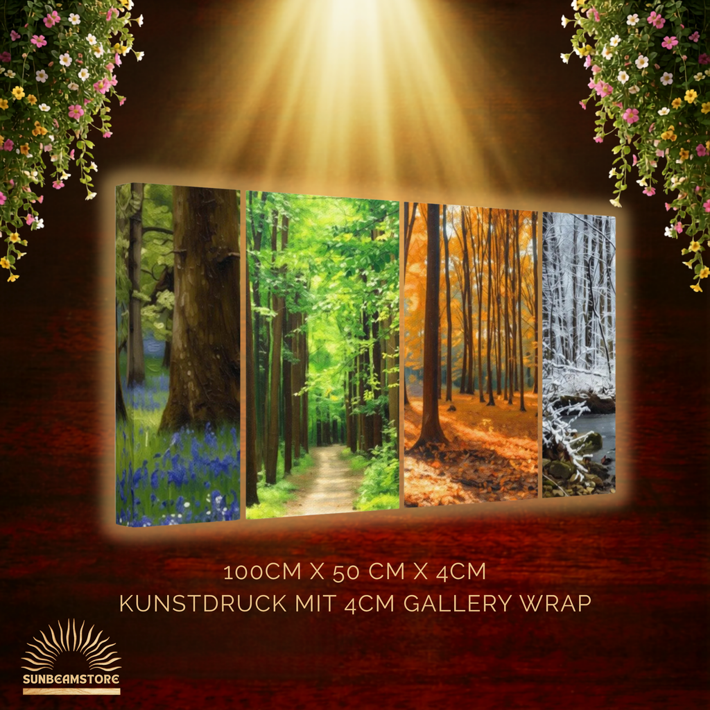4 Jahreszeiten Wald Leinwandbild 50x100 cm | Natur Wandbild Wald Panorama | Canvas Print Wohnzimmer Deko | Forest Wall Art