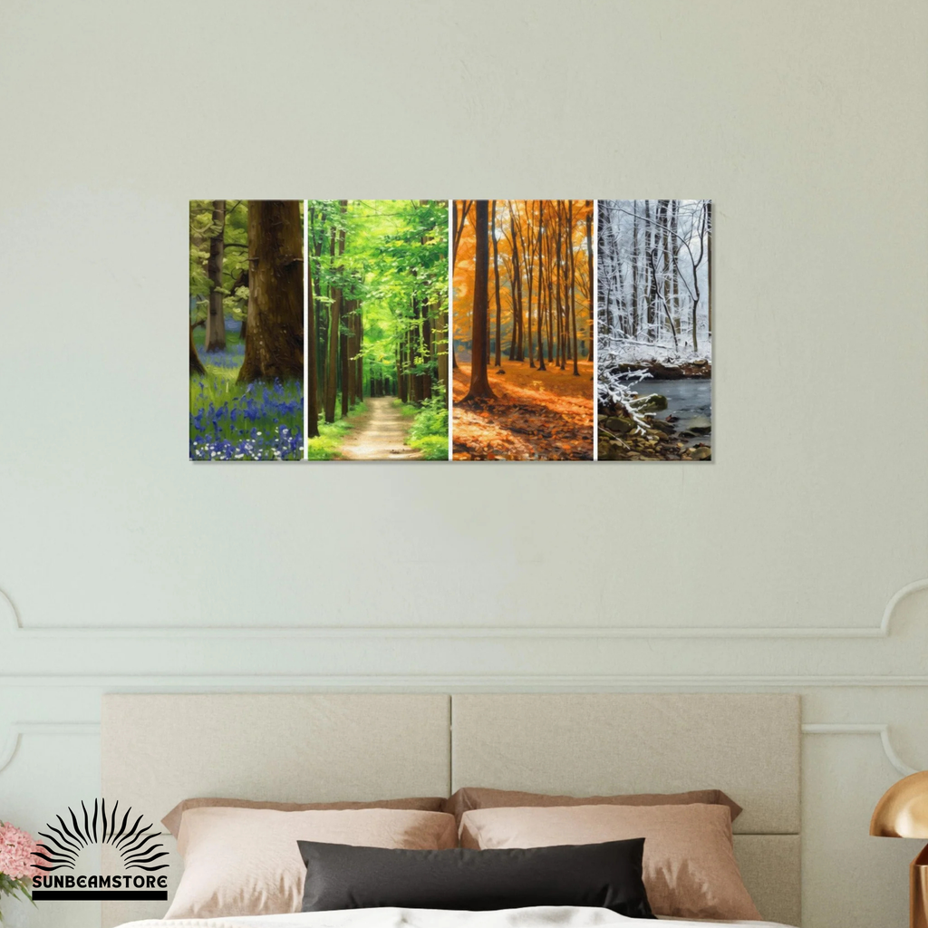 4 Jahreszeiten Wald Leinwandbild 50x100 cm | Natur Wandbild Wald Panorama | Canvas Print Wohnzimmer Deko | Forest Wall Art
