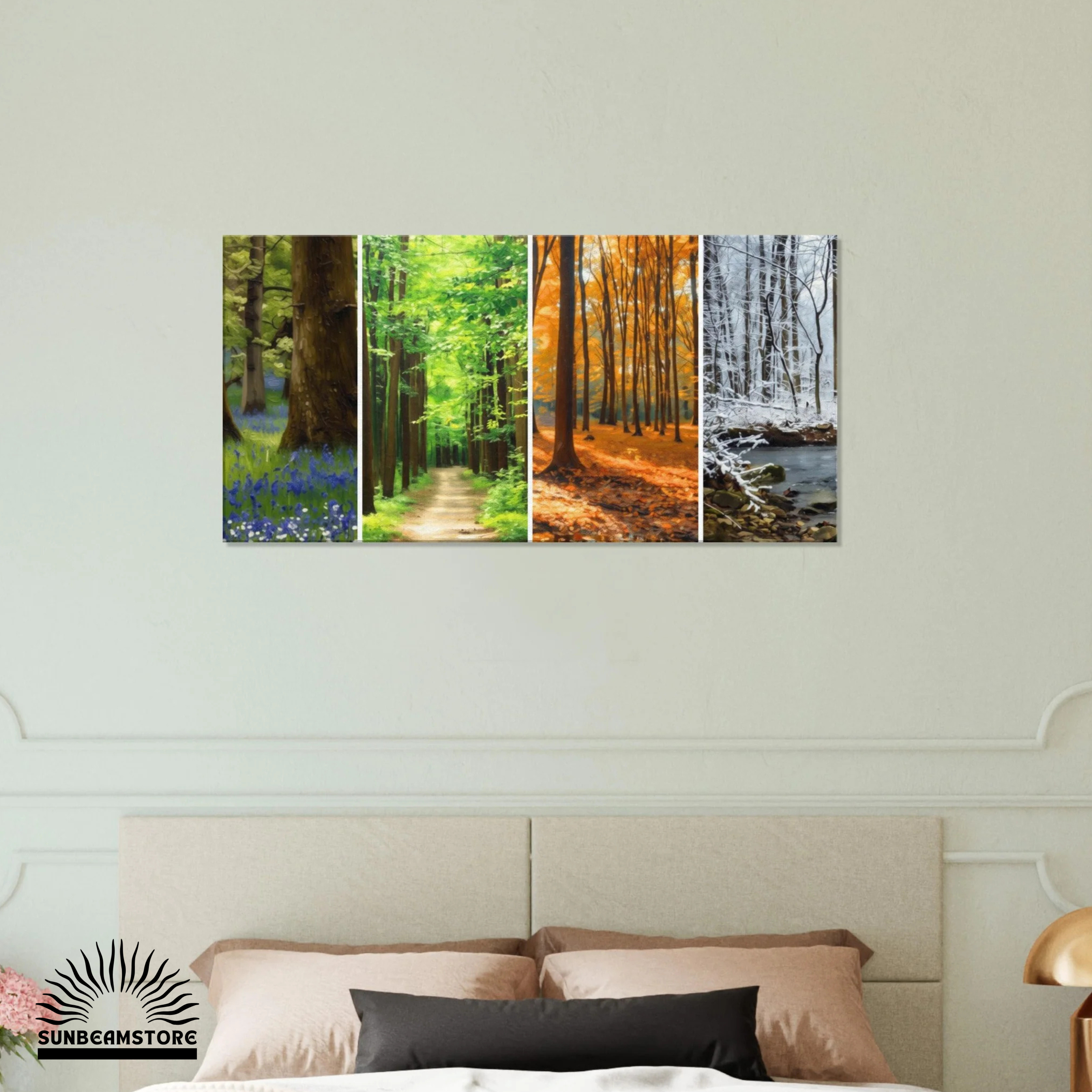 4 Jahreszeiten Wald Leinwandbild 50x100 cm | Natur Wandbild Wald Panorama | Canvas Print Wohnzimmer Deko | Forest Wall Art