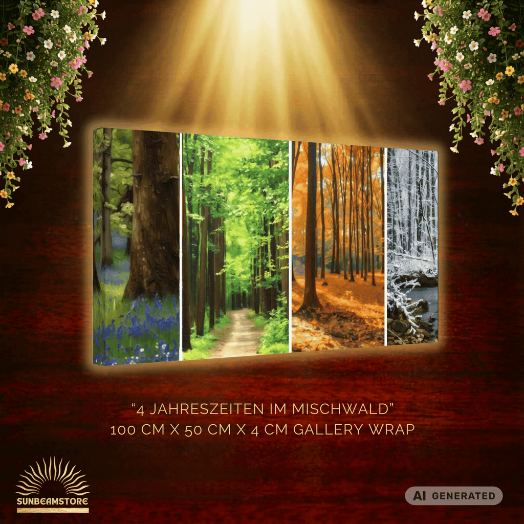 4 Jahreszeiten im Mischwald Leinwandbild 50x100 cm | Natur Wandbild Wald Panorama | Canvas Print Wohnzimmer Deko | Forest Wall Art - Sunbeamstore
