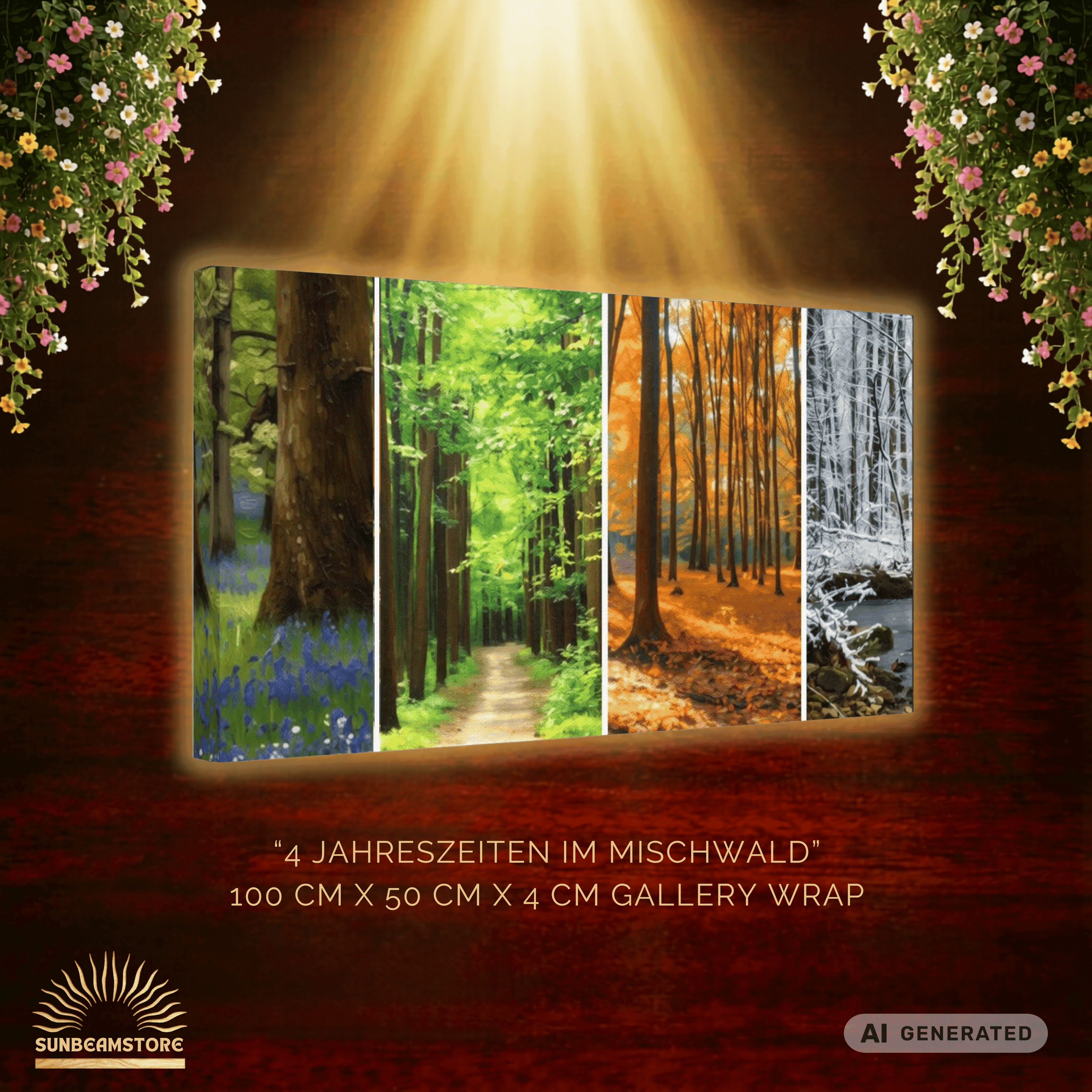 4 Jahreszeiten im Mischwald Leinwandbild 50x100 cm | Natur Wandbild Wald Panorama | Canvas Print Wohnzimmer Deko | Forest Wall Art - Sunbeamstore