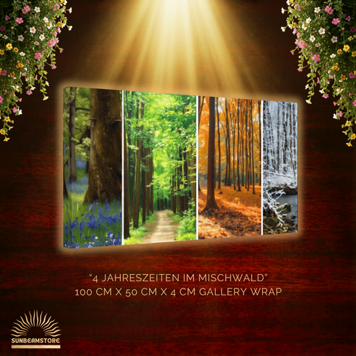 4 Jahreszeiten im Mischwald Leinwandbild 50x100 cm | Natur Wandbild Wald Panorama | Canvas Print Wohnzimmer Deko | Forest Wall Art