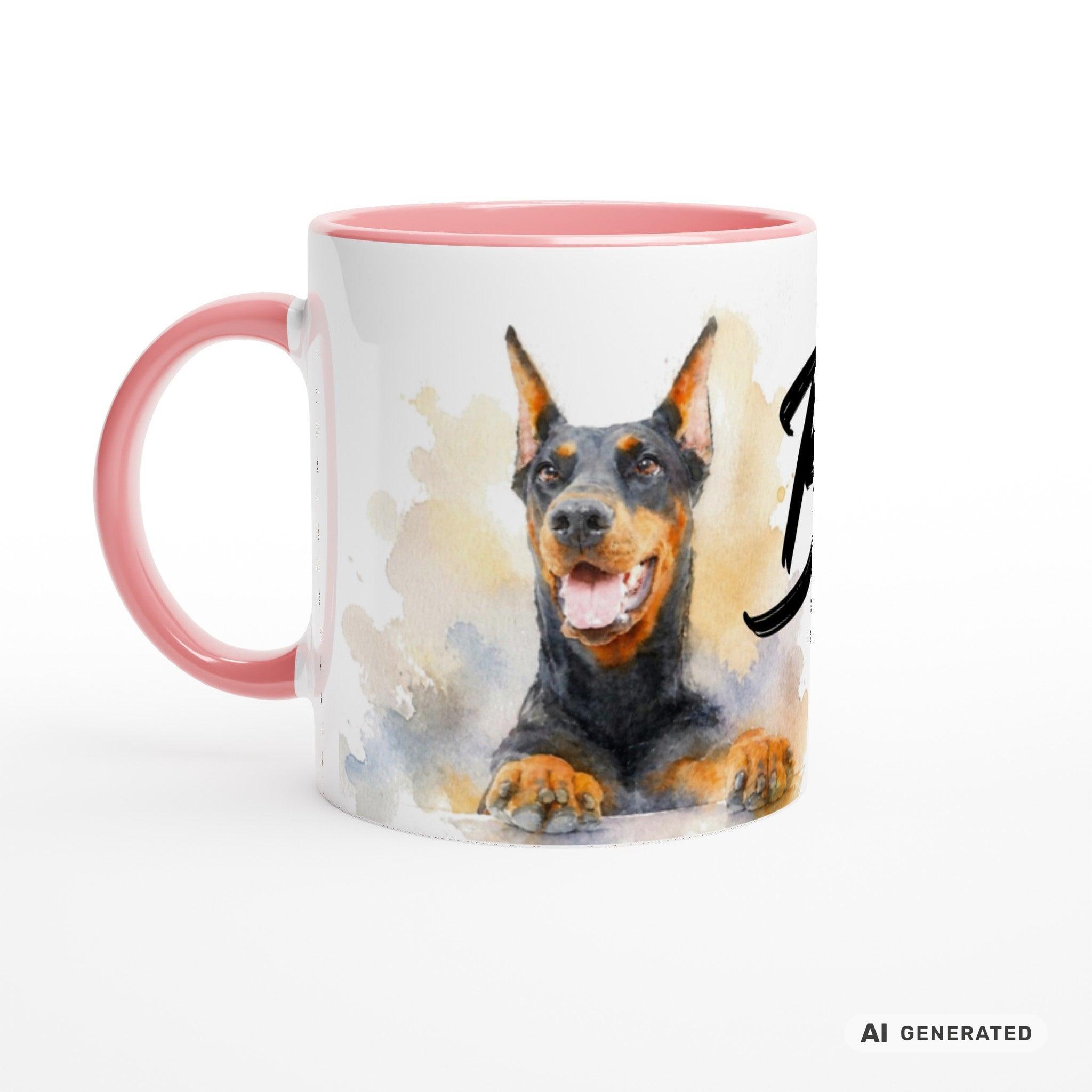 Personalisierte Dobermann Tasse 11oz – Aquarell Hundemotiv mit Namen | Geschenk für Dobermann Besitzer | Keramiktasse mit Farbwahl - Sunbeamstore