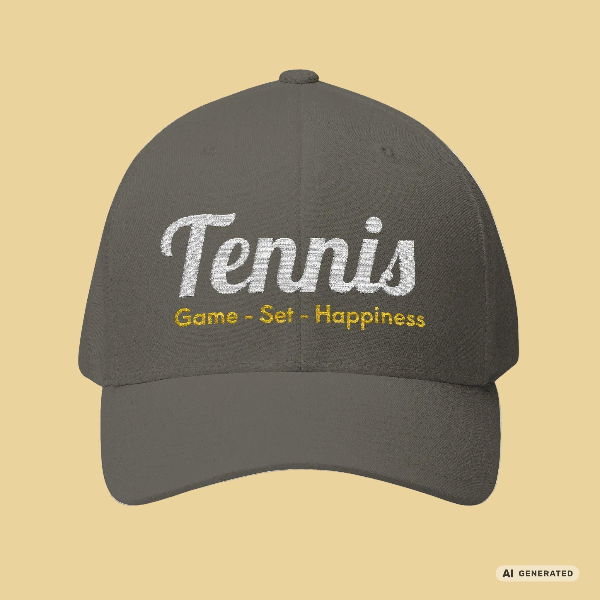 Bestickte Tennis Cap „Game – Set – Happiness“ – Personalisierbare Flexfit Baseball Cap für Tennisfans - Sunbeamstore