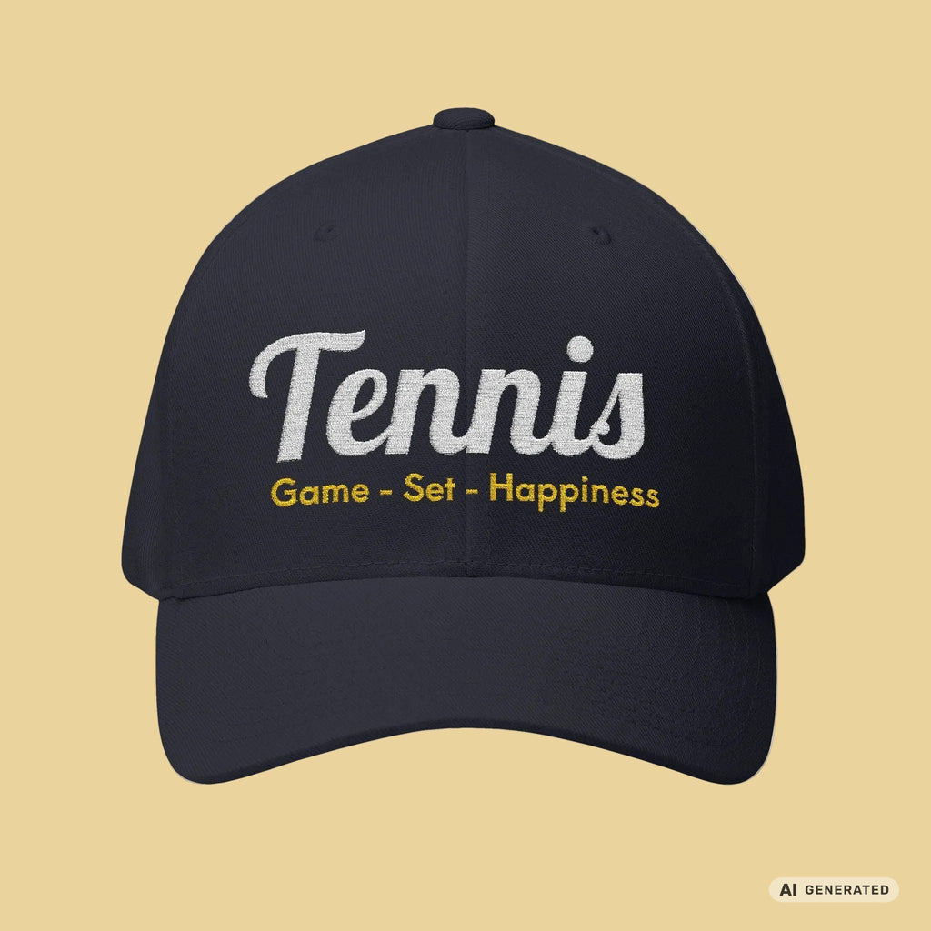 Bestickte Tennis Cap „Game – Set – Happiness“ – Personalisierbare Flexfit Baseball Cap für Tennisfans - Sunbeamstore