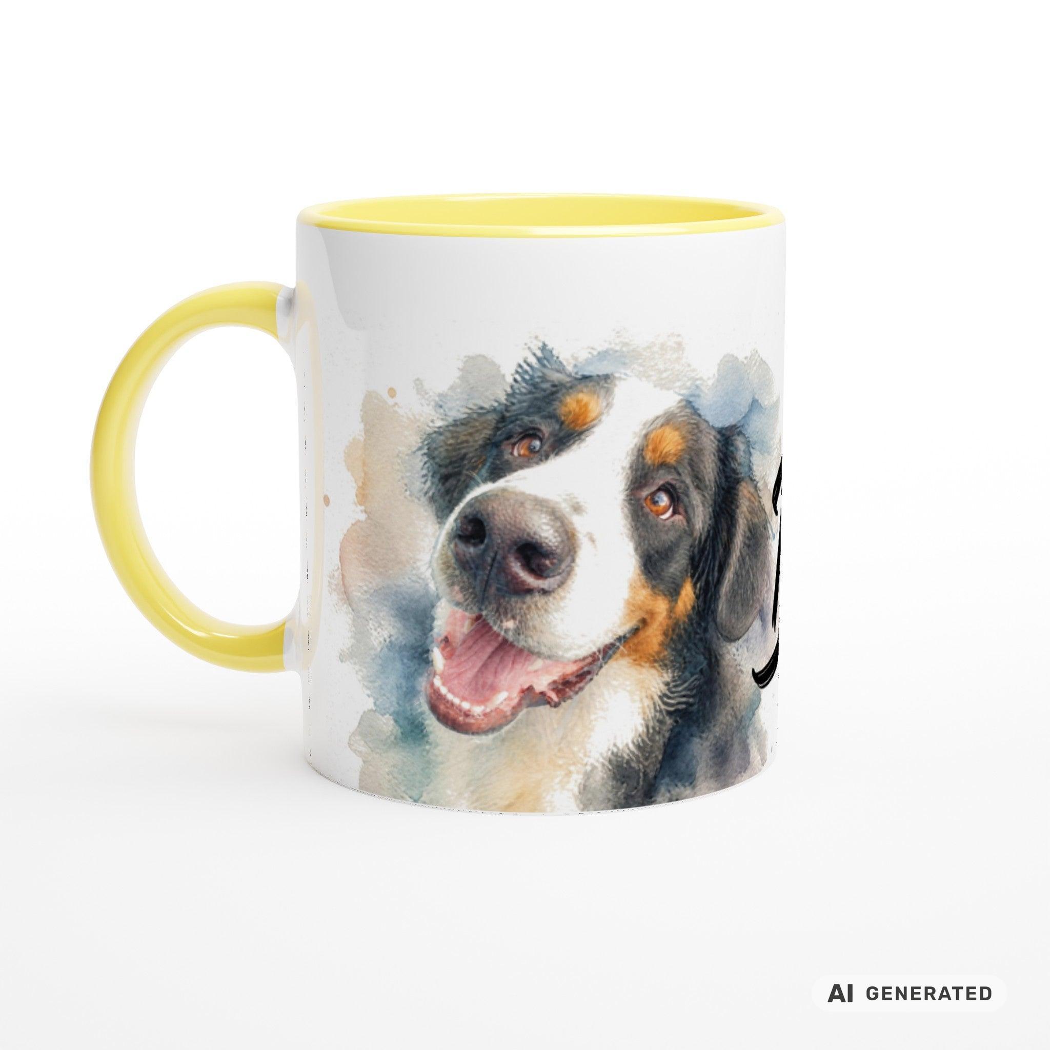 Personalisierte Berner Sennenhund Tasse 11oz – Aquarell Hundemotiv mit Namen | Geschenk für Berner Sennenhund Besitzer | Keramiktasse mit Farbwahl - Sunbeamstore
