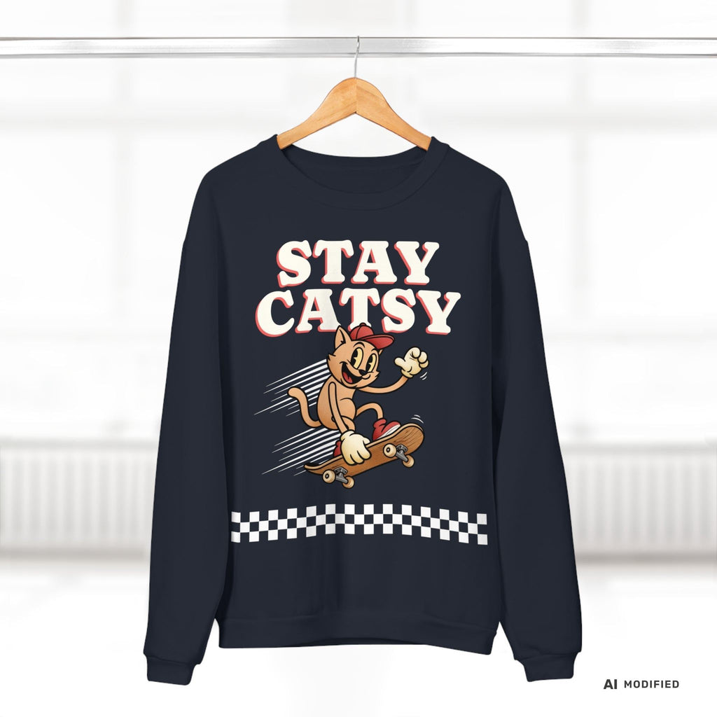 STAY CATSY Retro Sweatshirt – Skater-Katze auf Skateboard mit Checkerboard - Sunbeamstore