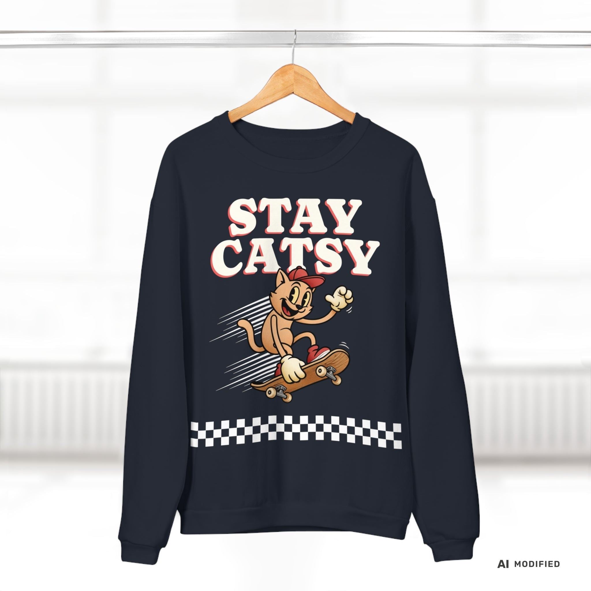 STAY CATSY Retro Sweatshirt – Skater-Katze auf Skateboard mit Checkerboard - Sunbeamstore