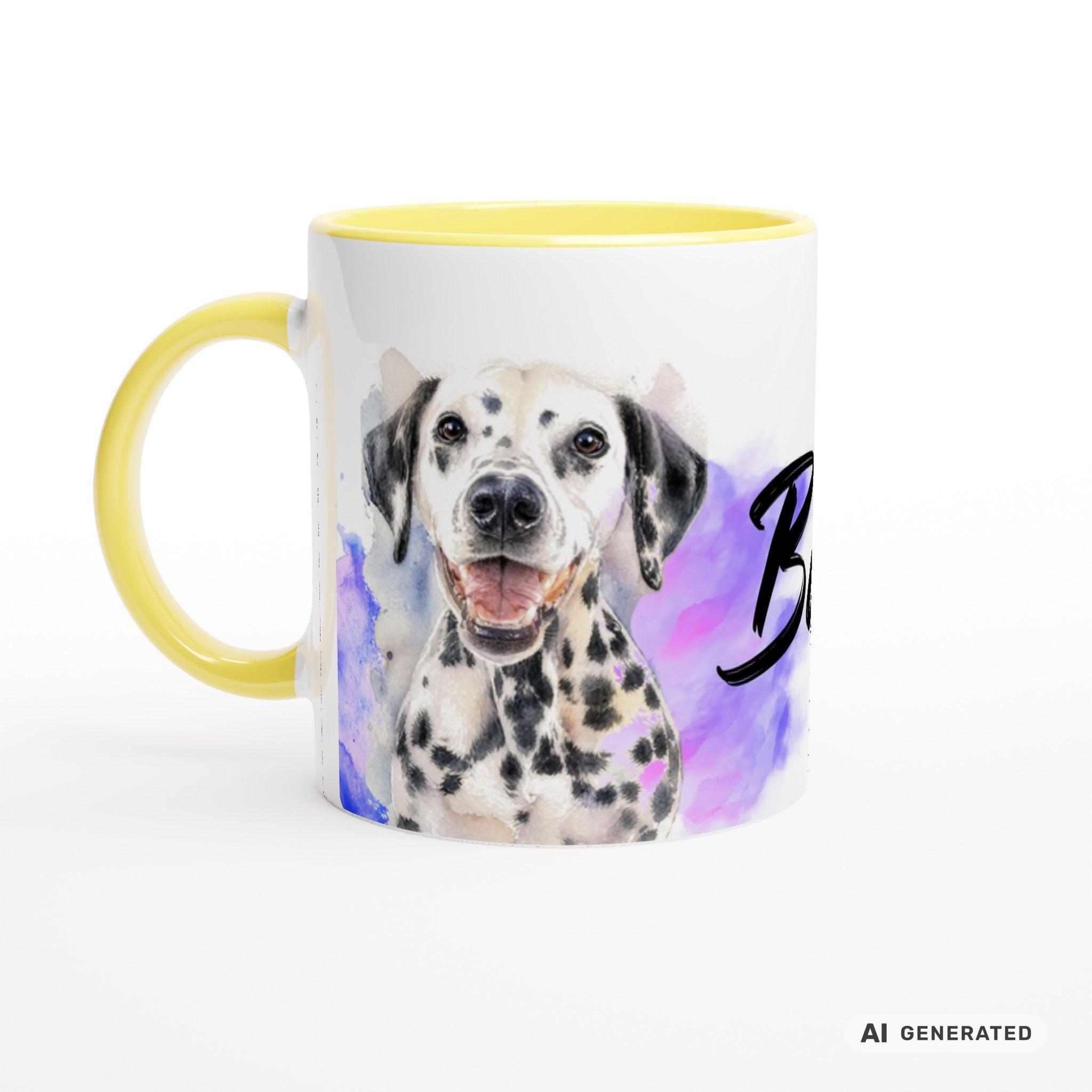 Personalisierte Dalmatiner Tasse 11oz – Aquarell Hundemotiv mit Namen | Geschenk für Dalmatiner Besitzer | Keramiktasse mit Farbwahl - Sunbeamstore