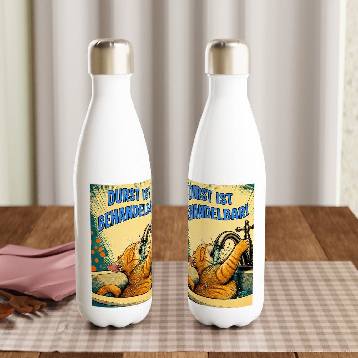 💧🐱 Katzen Trinkflasche "Durst ist behandelbar!" | Edelstahl Isolierflasche 500 ml | Lustiges Geschenk für Katzenfans - Sunbeamstore