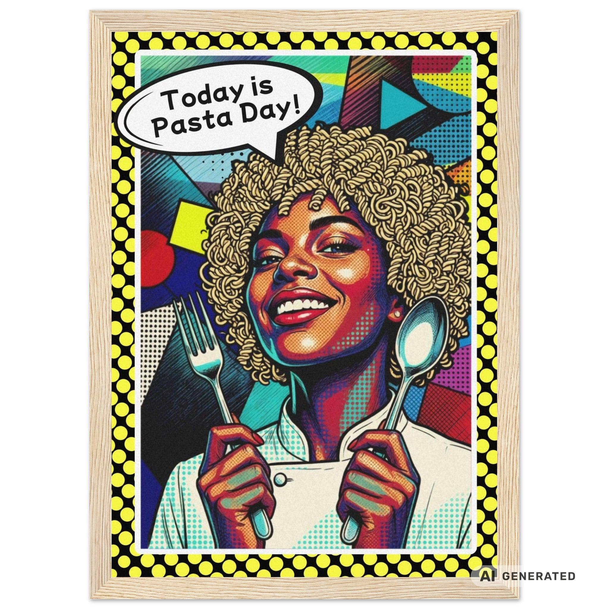 Today Is Pasta Day! – Italian Pop Art | Funny Kitchen Wall Art | Retro Comic Food Print | The Pasta Series No. 5 | Premium Semi-Glossy Paper Wooden Framed Poster - Sunbeamstore
