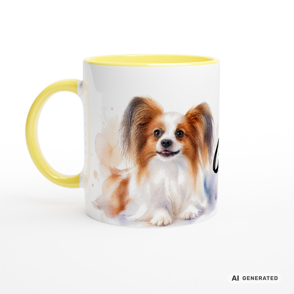Personalisierte Papillon Tasse 11oz – Aquarell Hundemotiv mit Namen | Geschenk für Papillon Besitzer | Keramiktasse mit Farbwahl - Sunbeamstore