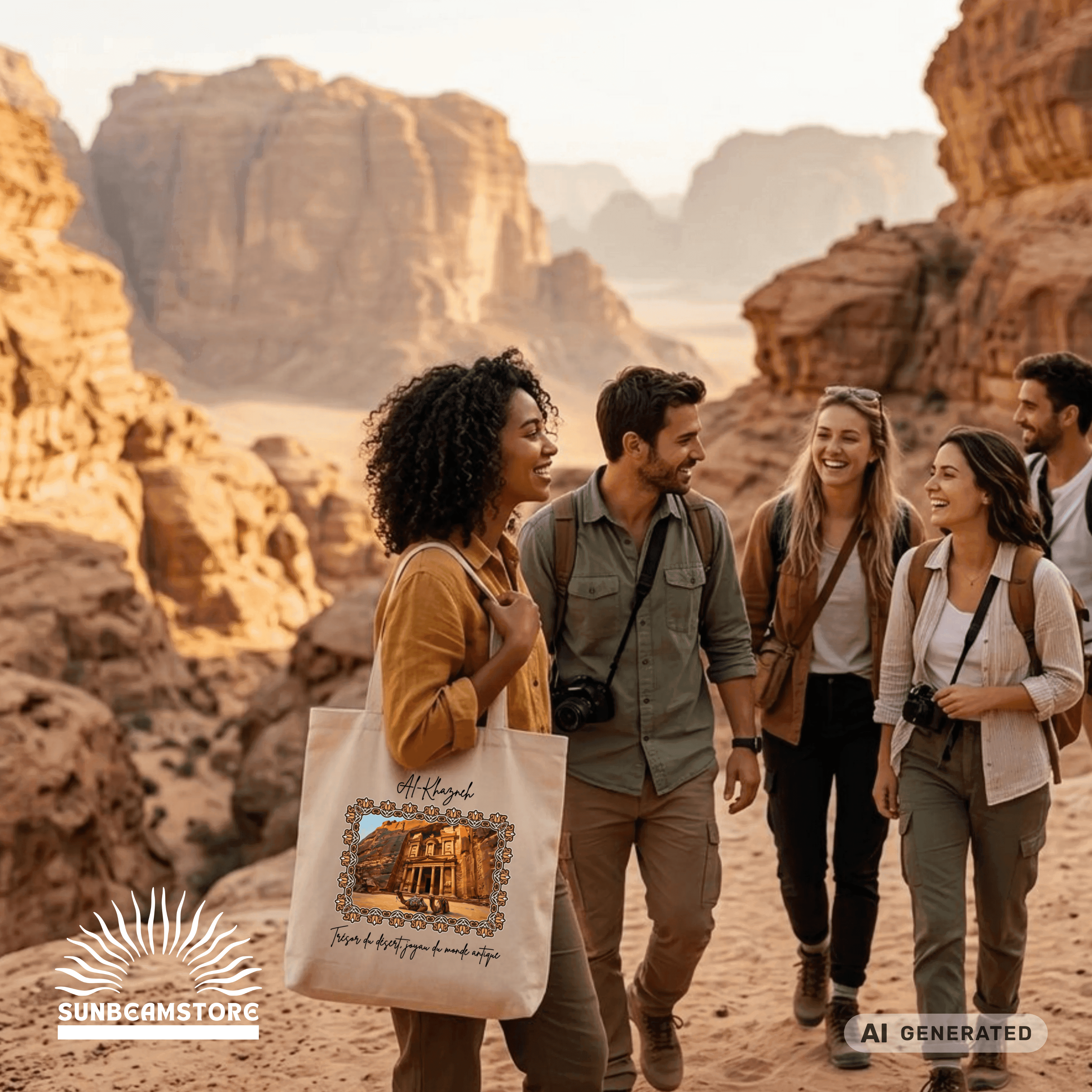 Stofftasche Wüste – Al-Khazneh Petra Design, Jutebeutel mit Kamelen, Reise Tote Bag, orientalische Kunst - Sunbeamstore