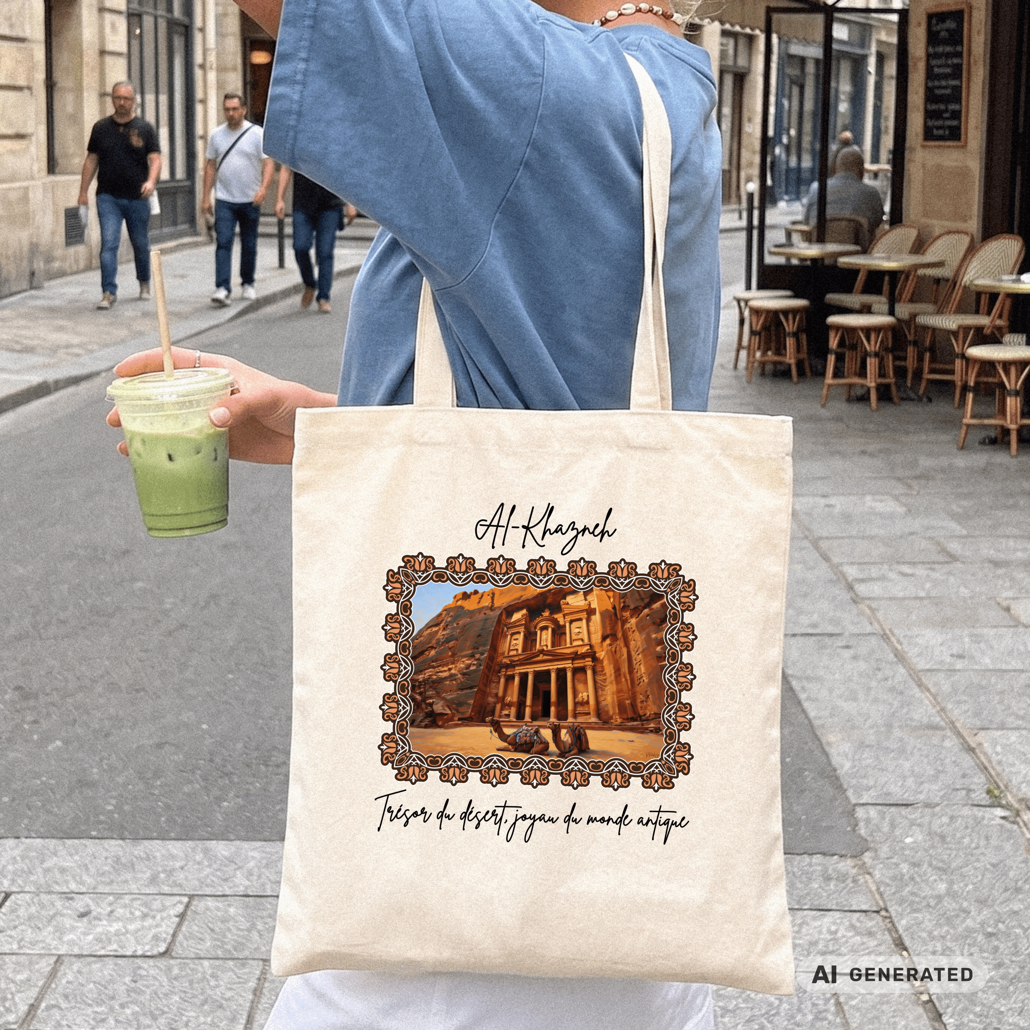 Stofftasche Wüste – Al-Khazneh Petra Design, Jutebeutel mit Kamelen, Reise Tote Bag, orientalische Kunst - Sunbeamstore