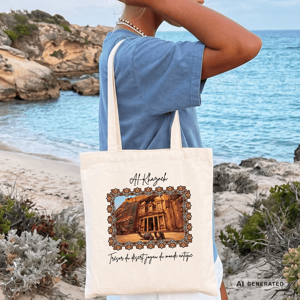 Stofftasche Wüste – Al-Khazneh Petra Design, Jutebeutel mit Kamelen, Reise Tote Bag, orientalische Kunst - Sunbeamstore