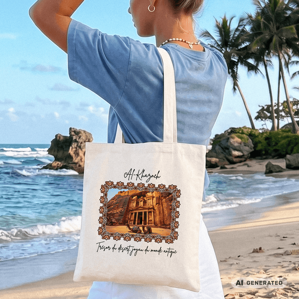 Stofftasche Wüste – Al-Khazneh Petra Design, Jutebeutel mit Kamelen, Reise Tote Bag, orientalische Kunst - Sunbeamstore