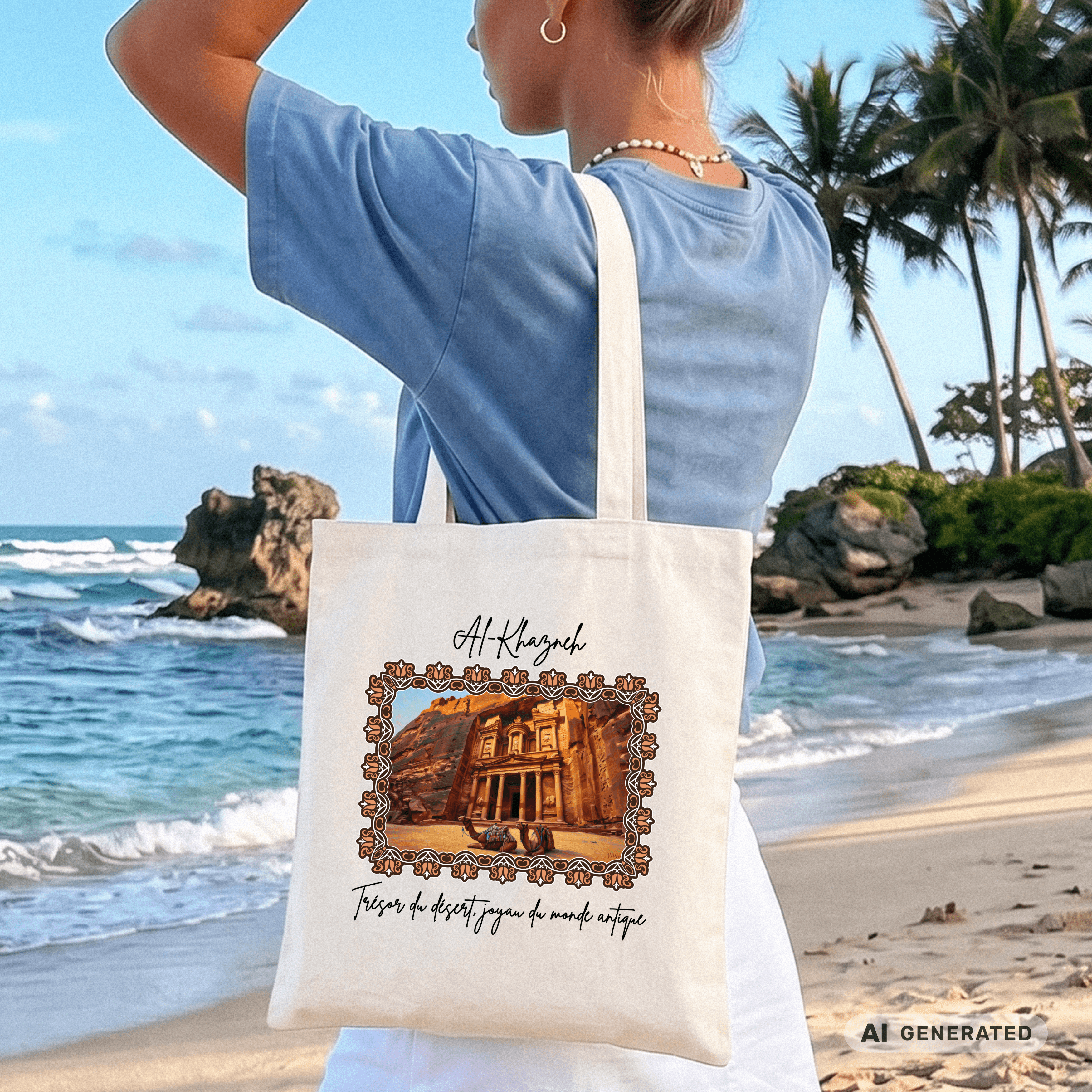 Stofftasche Wüste – Al-Khazneh Petra Design, Jutebeutel mit Kamelen, Reise Tote Bag, orientalische Kunst - Sunbeamstore
