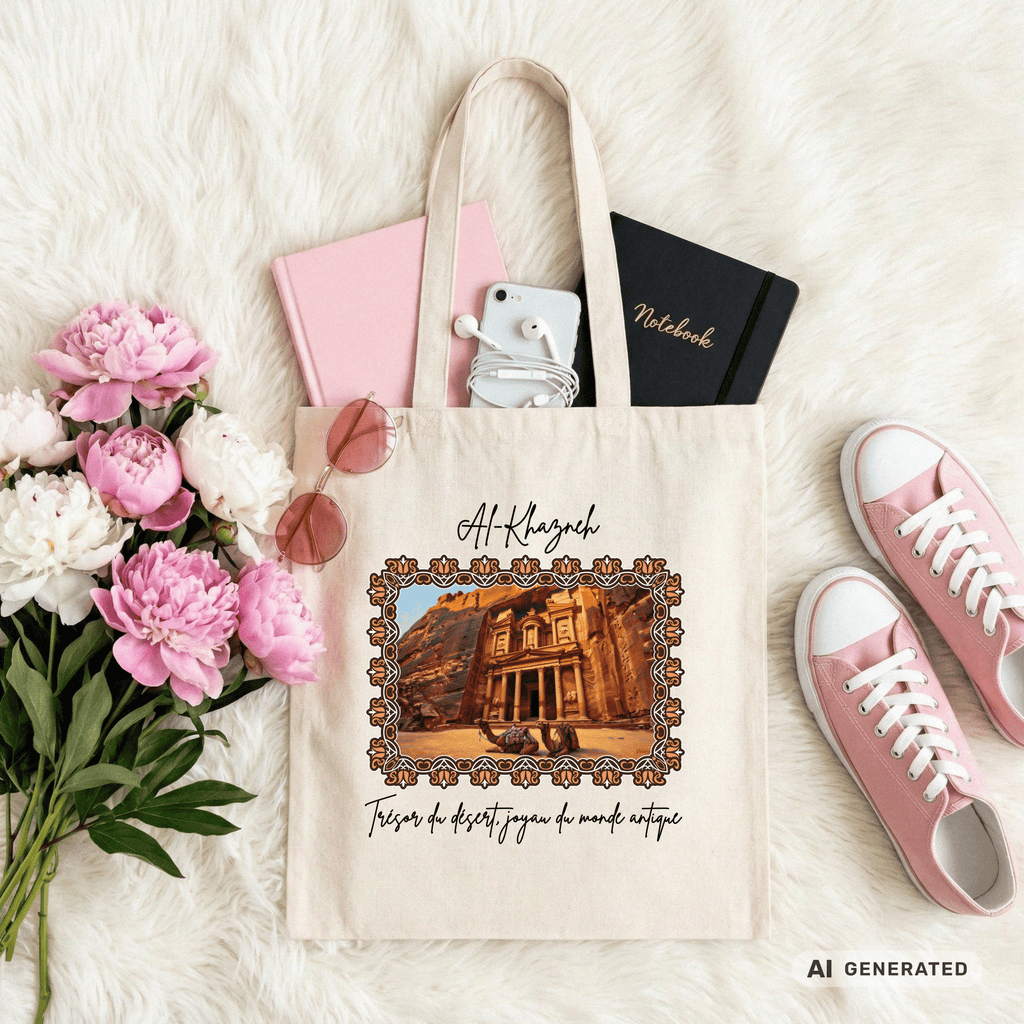 Stofftasche Wüste – Al-Khazneh Petra Design, Jutebeutel mit Kamelen, Reise Tote Bag, orientalische Kunst - Sunbeamstore
