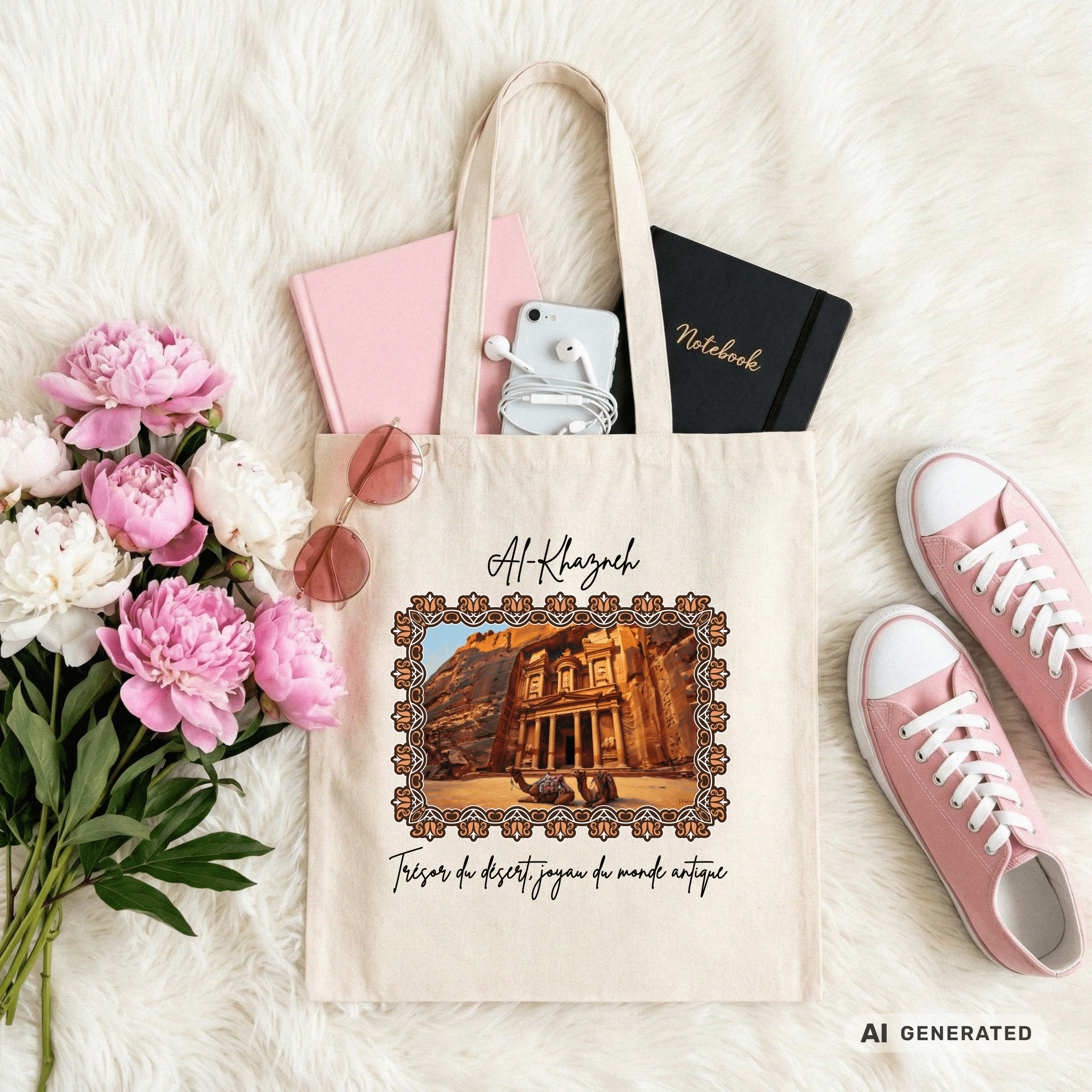 Stofftasche Wüste – Al-Khazneh Petra Design, Jutebeutel mit Kamelen, Reise Tote Bag, orientalische Kunst - Sunbeamstore