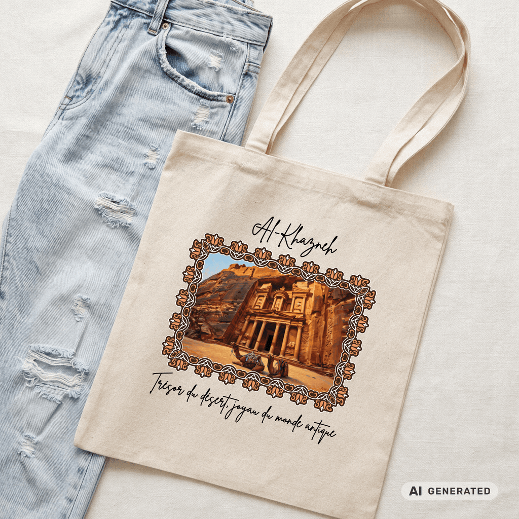 Stofftasche Wüste – Al-Khazneh Petra Design, Jutebeutel mit Kamelen, Reise Tote Bag, orientalische Kunst - Sunbeamstore