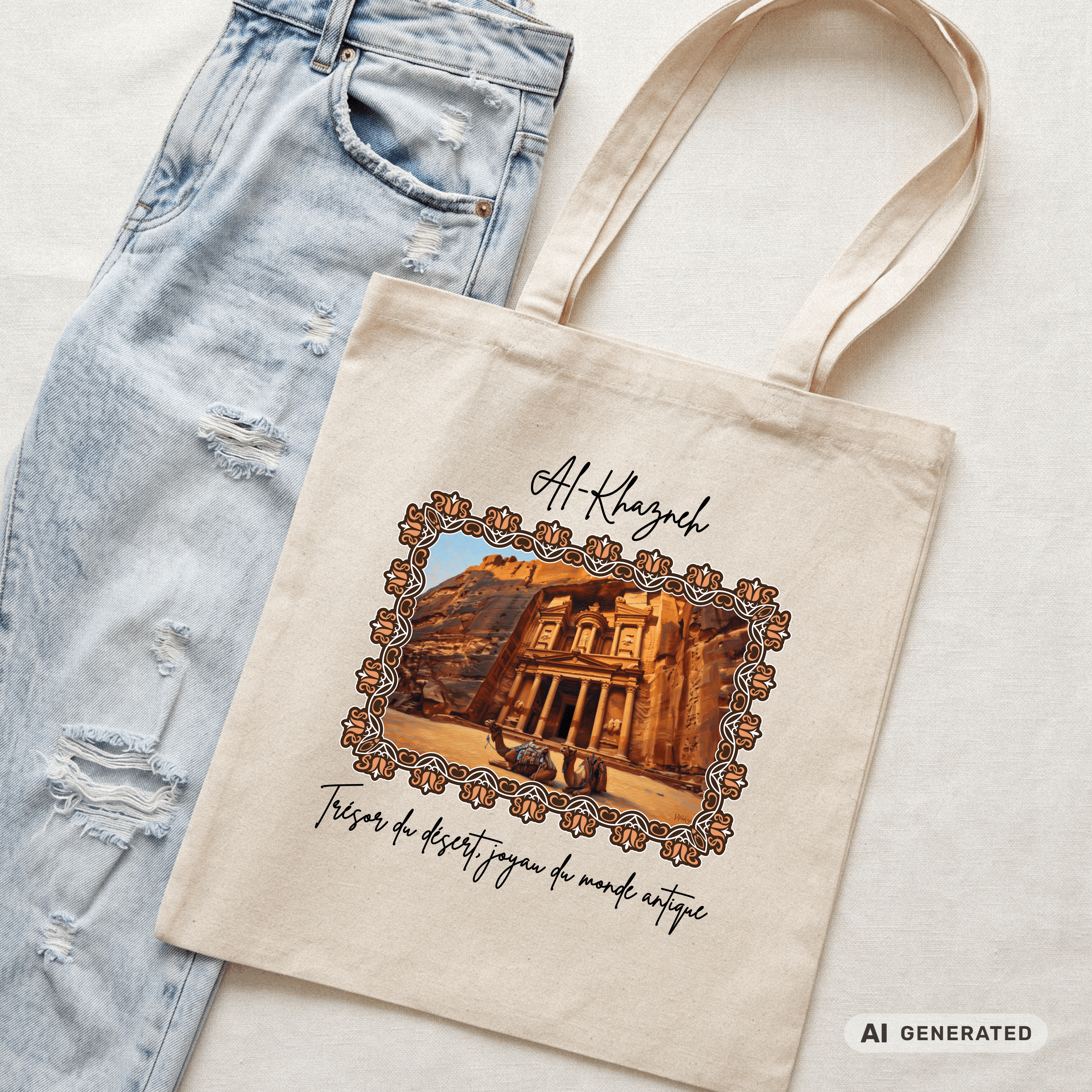 Stofftasche Wüste – Al-Khazneh Petra Design, Jutebeutel mit Kamelen, Reise Tote Bag, orientalische Kunst - Sunbeamstore