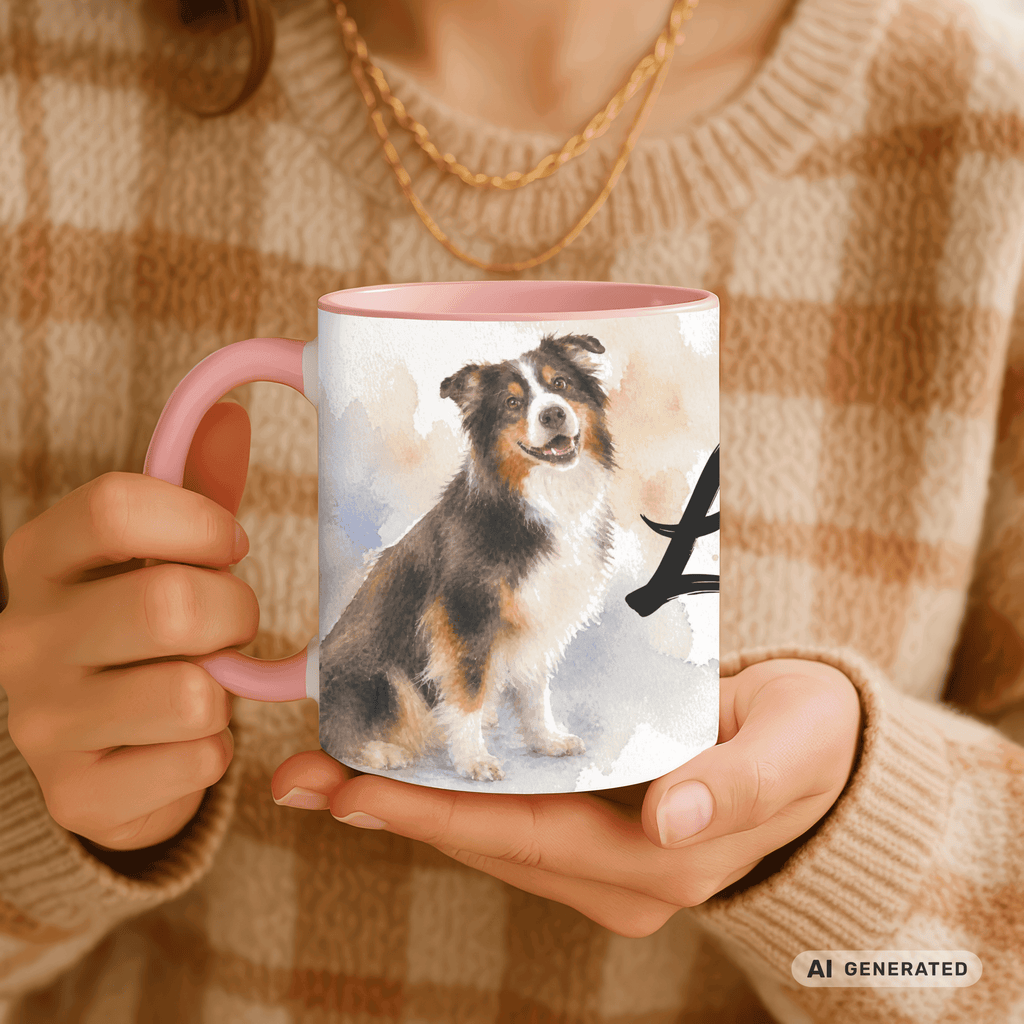 Personalisierte Australian Shepherd Tasse 11oz – Aquarell Hundemotiv mit Namen | Geschenk für Australian Shepherd Besitzer | Keramiktasse mit Farbwahl - Sunbeamstore