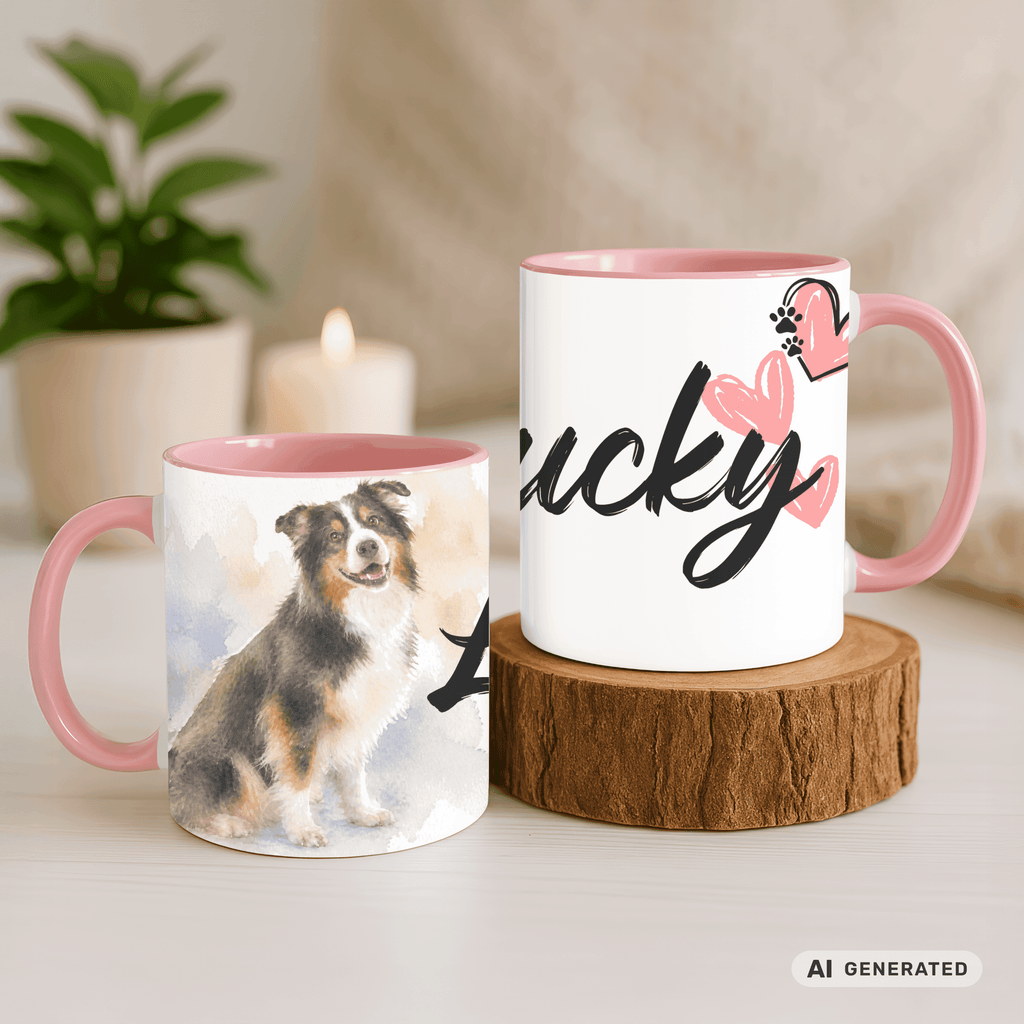 Personalisierte Australian Shepherd Tasse 11oz – Aquarell Hundemotiv mit Namen | Geschenk für Australian Shepherd Besitzer | Keramiktasse mit Farbwahl - Sunbeamstore